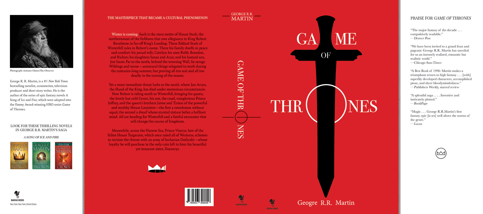 This image is a visual of the dust jacket created for the first book in the Song of Ice and Fire series, better known as Game of Thrones. The dust jacket itself is mostly a deep red colour with black and white detailing and a sword on the front. The look is minimalist and relies on subtle references to the book.