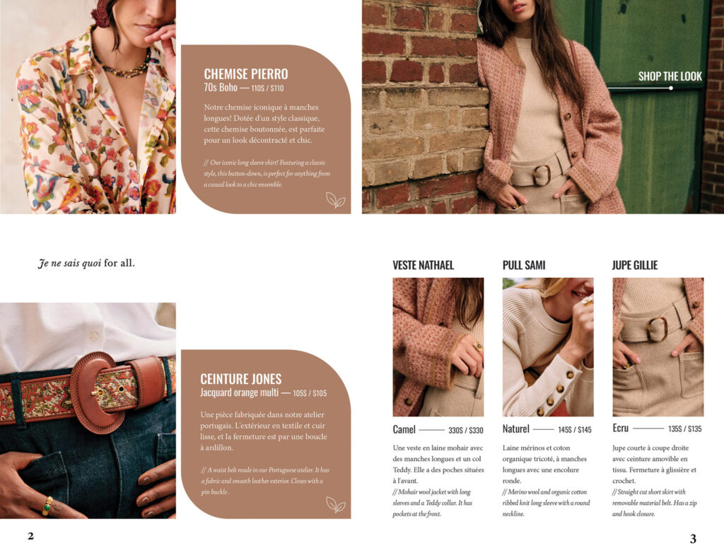 This image is one of the spreads from the Sezane catalog, completed in Publication design class. It includes images of pieces from the collection along with written descriptions of the pieces that include their name and price. The drawn visuals are done in a taupe colour and the whole spread has a clean and minimalistic look.