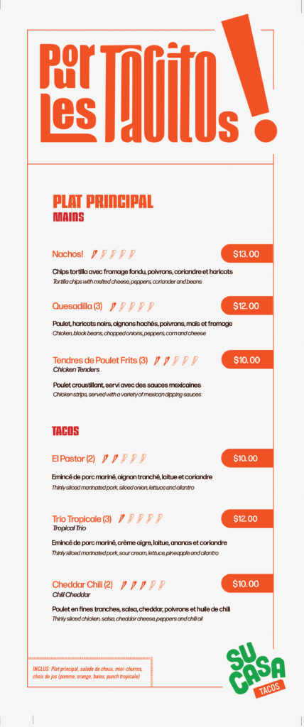 This is the menu created for an imagined Mexican restaurant called SuCasa. The menu is specifically for kids, featuring a bright and bold color scheme. 