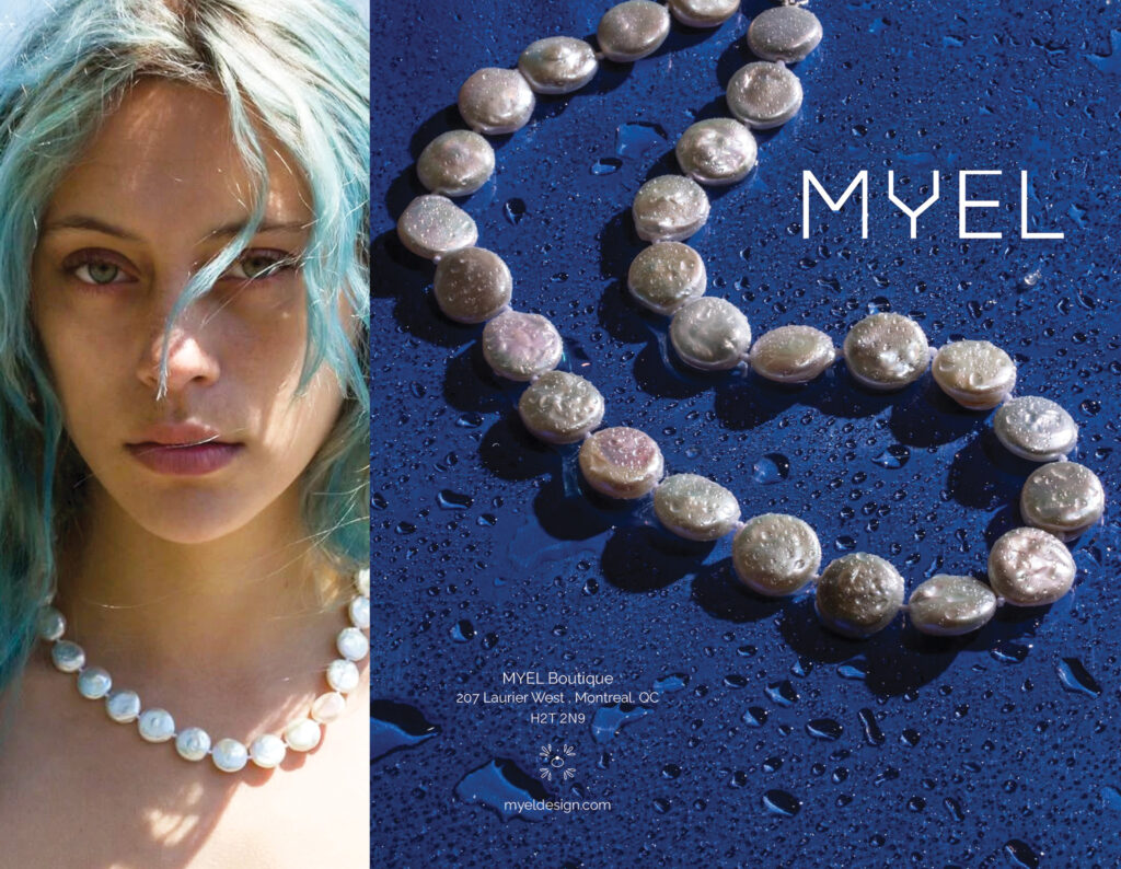 This image is the outside of the brochure completed in Graphic Design two based on the jewelry company MYEL. The back cover is a large image of a woman wearing the pearl necklace featured on the front cover. 