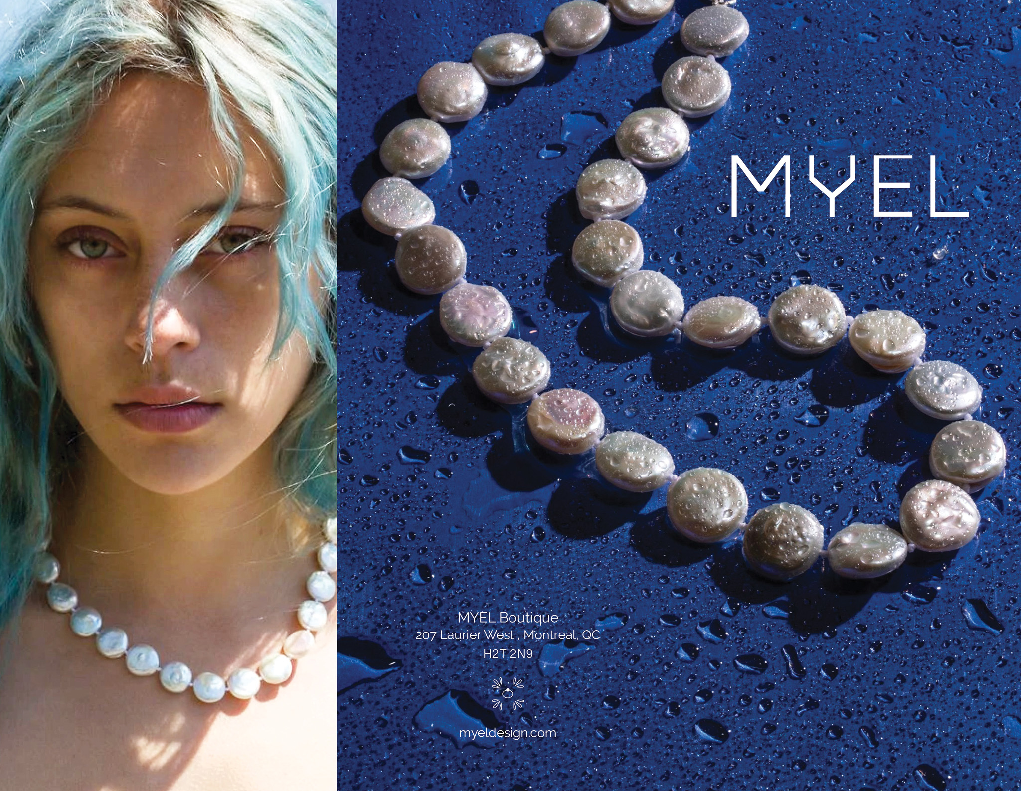 This image is the outside of the brochure completed in Graphic Design two based on the jewellery company MYEL. The back cover is a large image of a woman wearing the pearl necklace featured on the front cover.