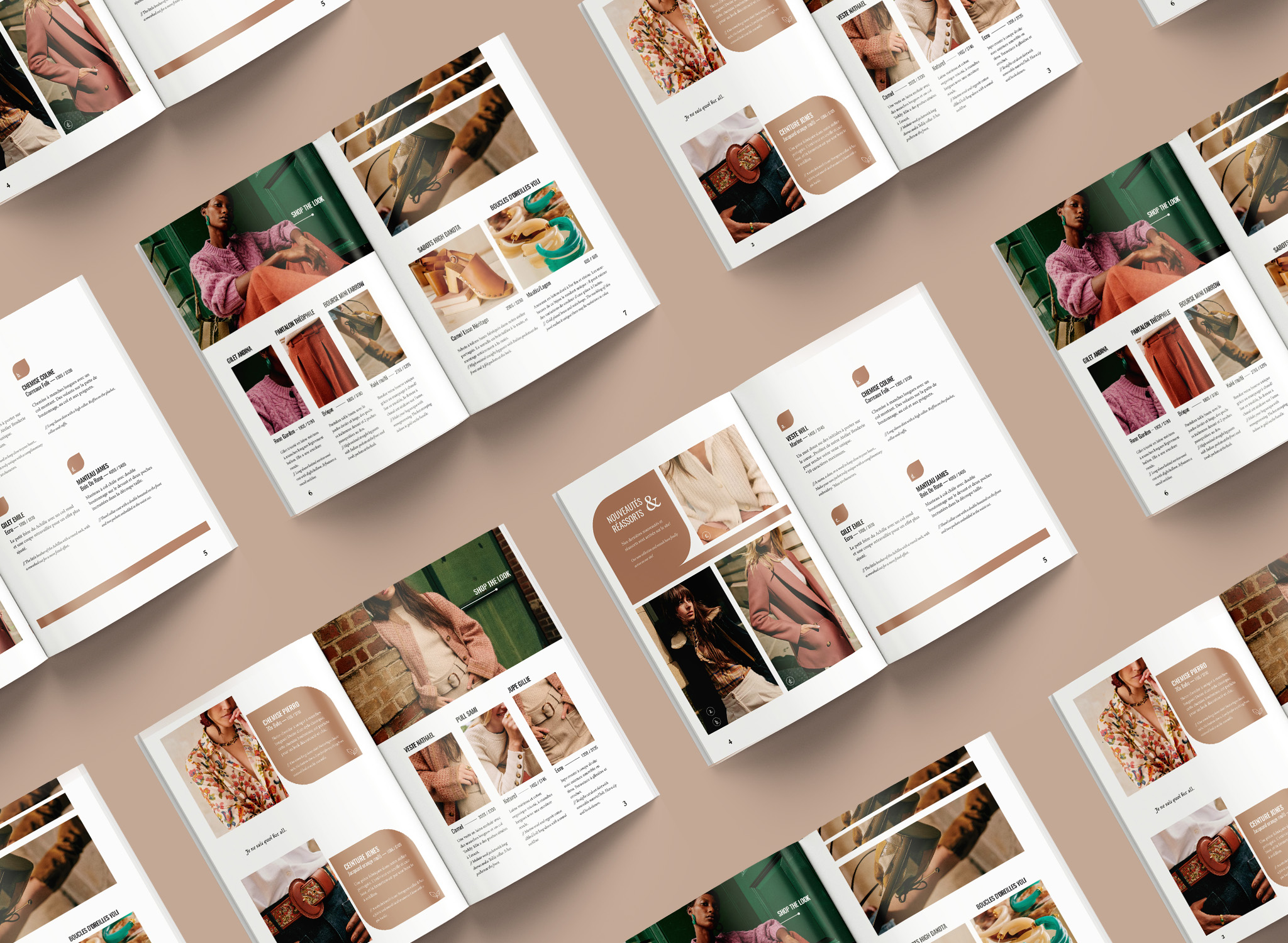 The image displays a variety of spreads taken from the print catalogue based on the fashion brand Sézane. The pages are put on a taupe background.