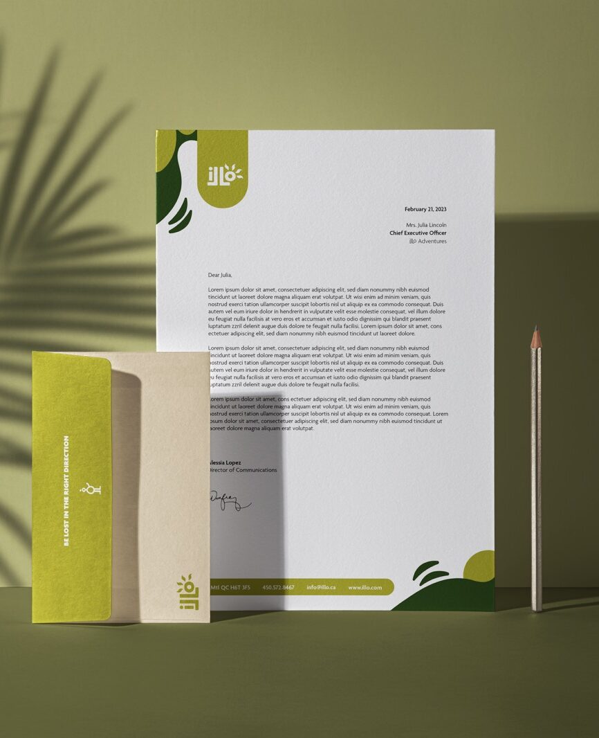 stationary set for imagined travel agency illo adventures. green theme.