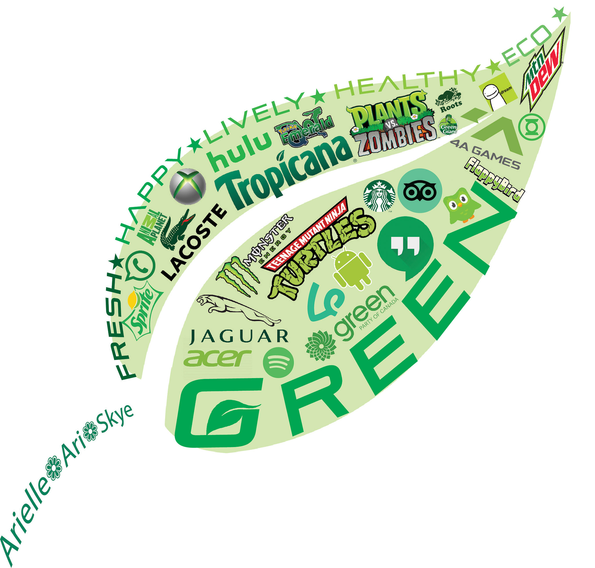 This project consists of a variety of green logos put on a green background shaped like a leaf.