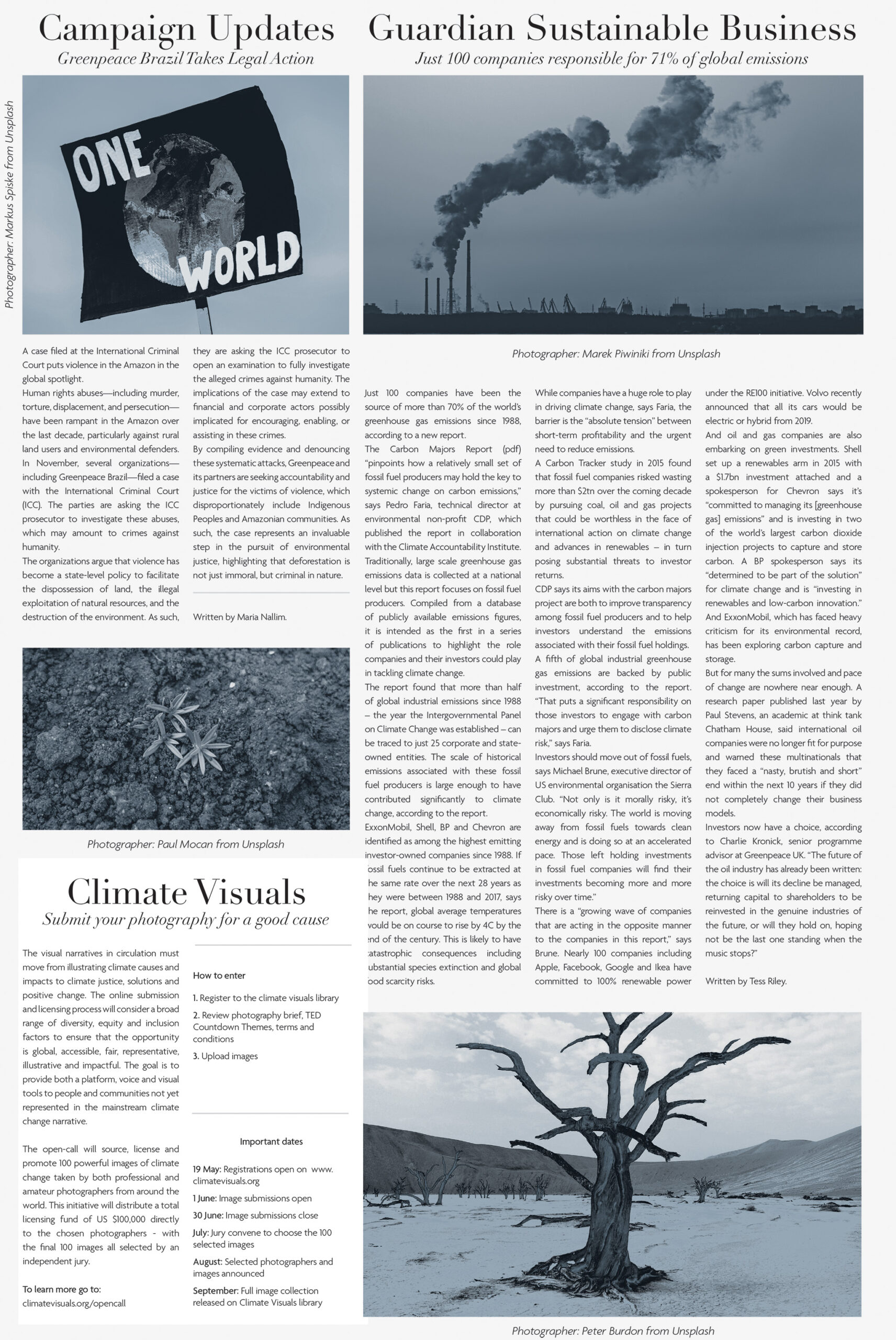 18. This is a page created as a concept for a John Abbott College internal newsletter. The images have been converted to a blue and grey duo-tone to save on ink and budget. The articles featured are all regarding the climate crisis and have the sources listed on the document.