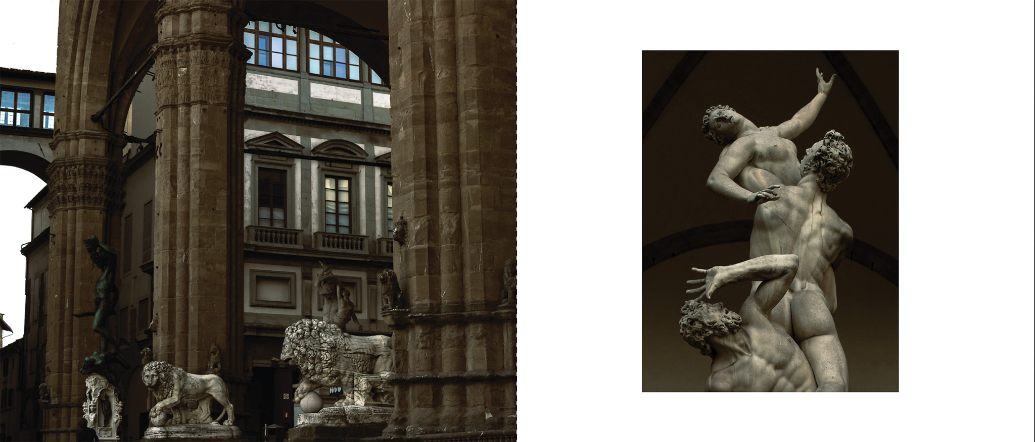 This is one of the spreads from a photo book created in photography class, containing the pictures taken throughout the semester. This spread features two images of grand stone arches and statues found in the city center of Florence, Italy.