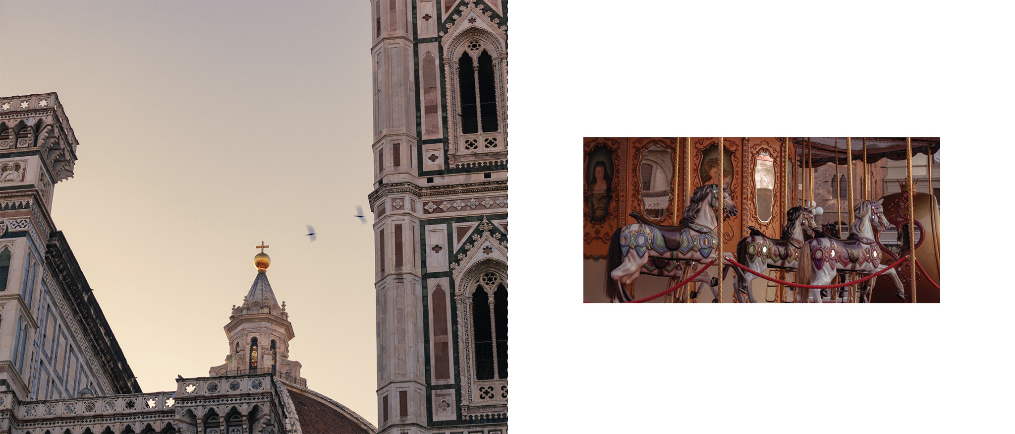 This is one of the spreads from a photo book created in photography class, containing the pictures taken throughout the semester. Both pictures feature a warm pink colour scheme. One contains the Santa Maria del Fiore Cathedral at sunrise in Florence. The other is a close up shot of an iconic Florentine merry-go-round.