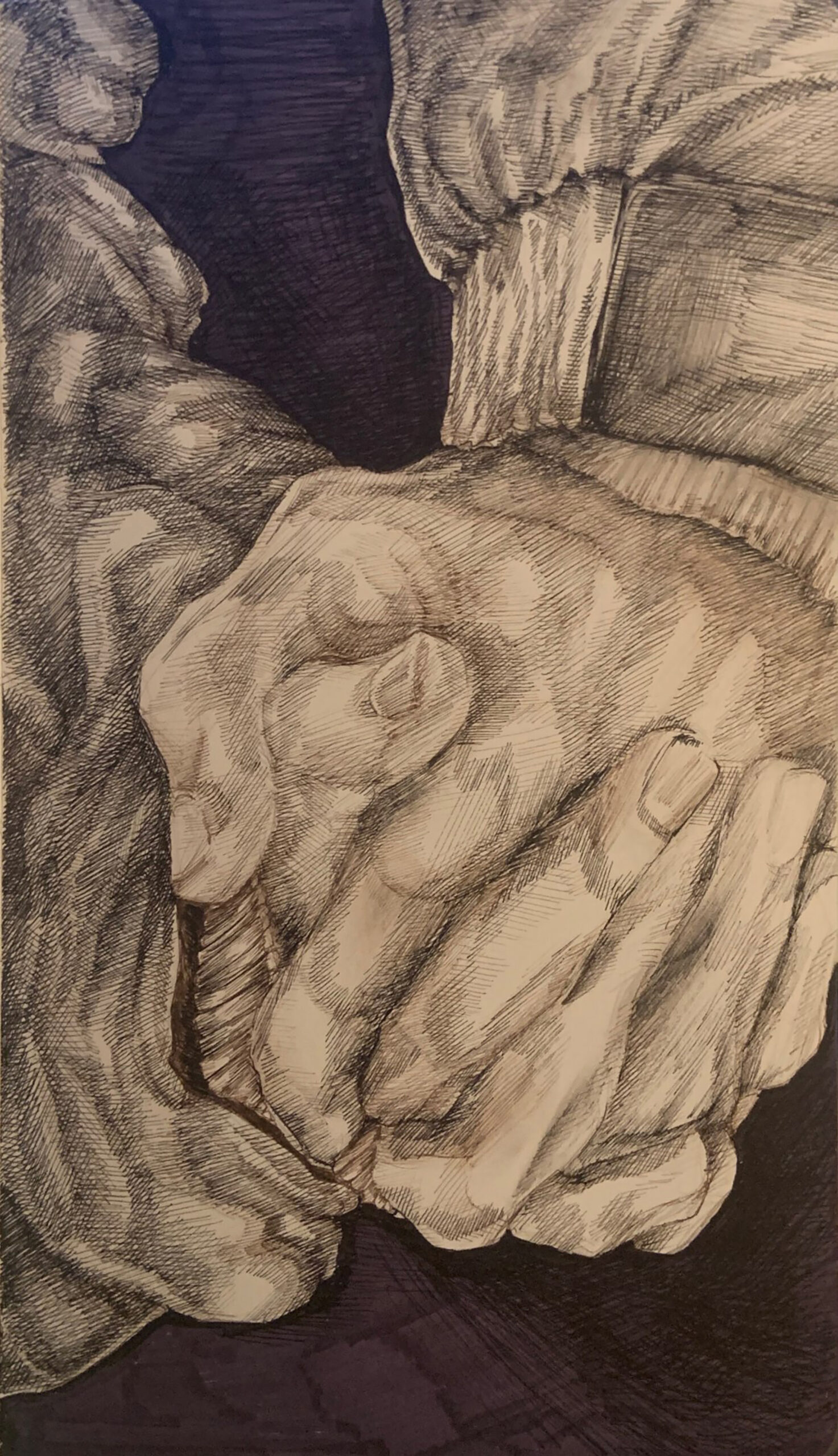 A realistic black and white sketch of hands done for creative workflow. It was done with an ink pen.