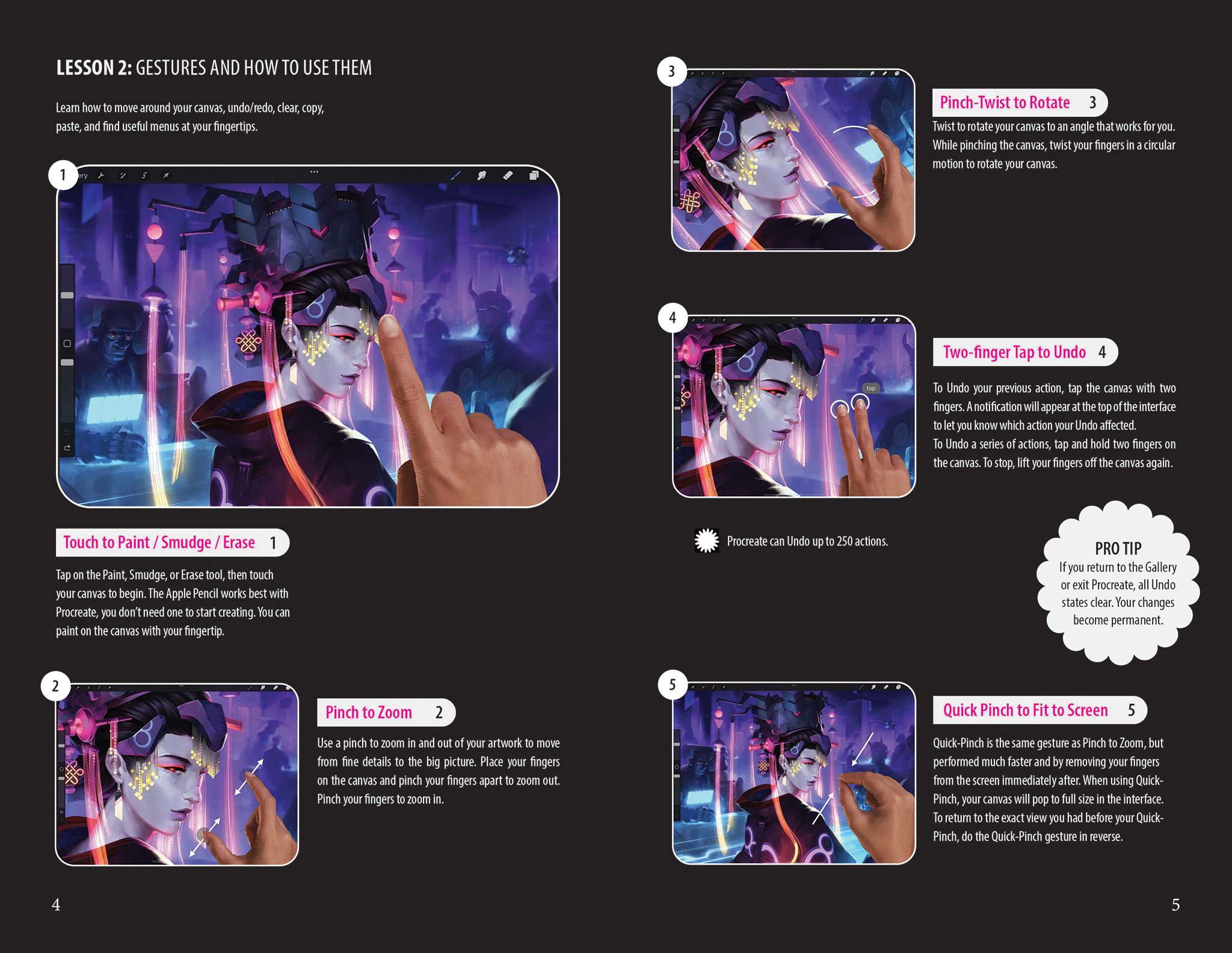 This is an image of one of the inside spreads of an instruction manual designed for the procreate app on iPad. The colour palette features colourful cool toned imagery on a black background.