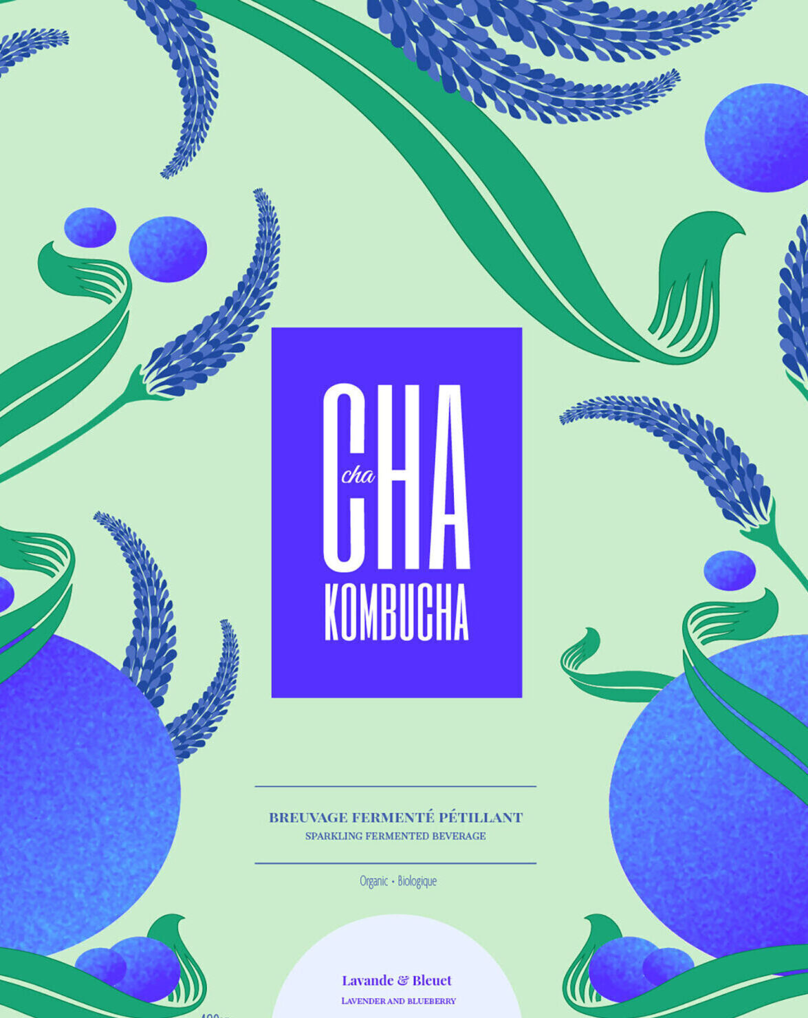This acts as a thumbnail for the drink packaging project. It features a blue and green background with illustrated leaves and violet details. The front label say Cha cha Kombucha.