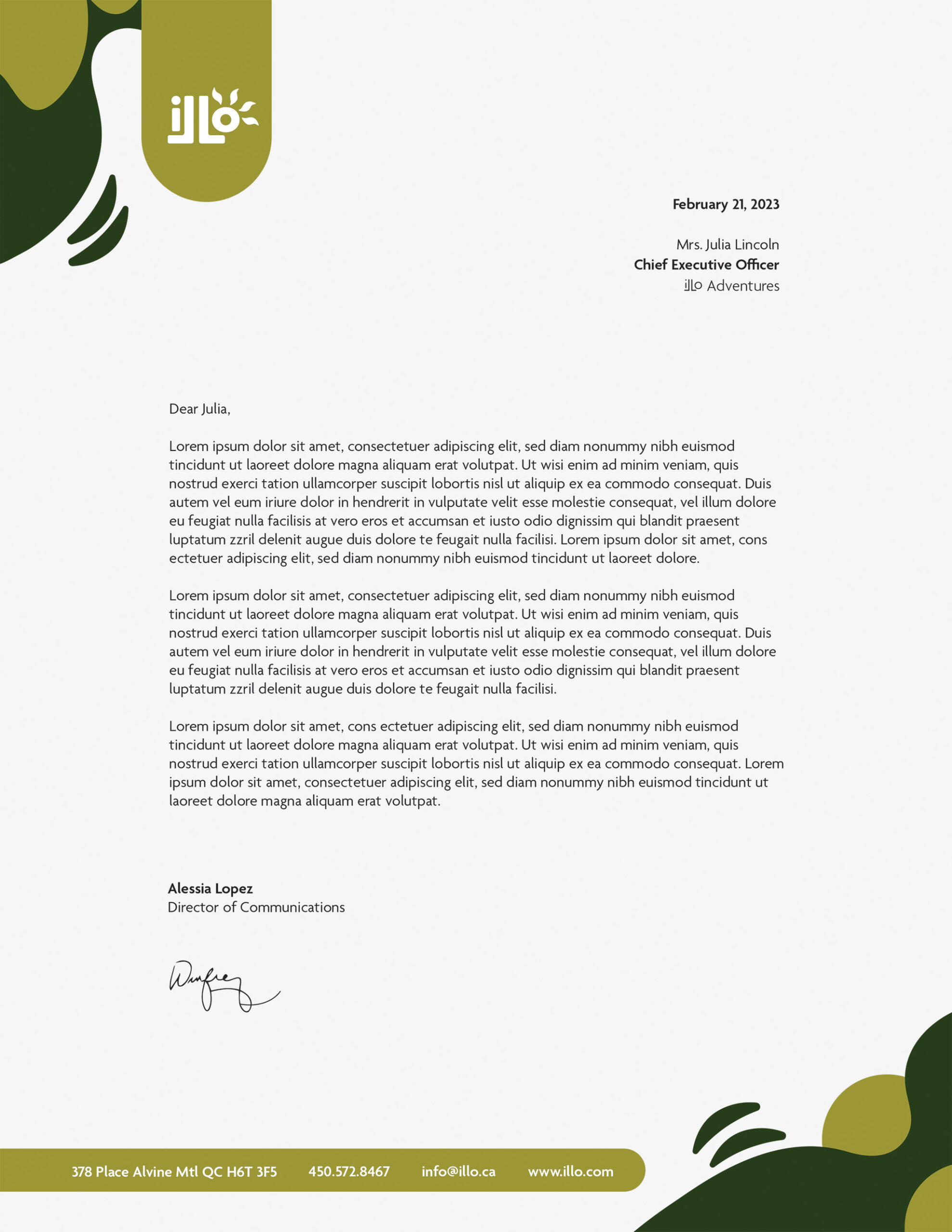 Professional stationary letterheads for the imagined travel agency Illo Adventures. This version features green organic shapes and elements to support the text and make it unique to the brand. 