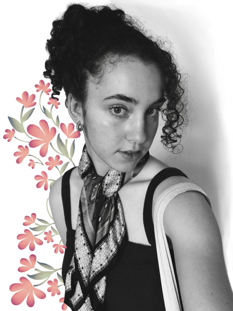 A self portrait, black and white photograph with illustrated pink and green flowers framing the subject. In association Skye's Graphic Design Eportfolio home page.