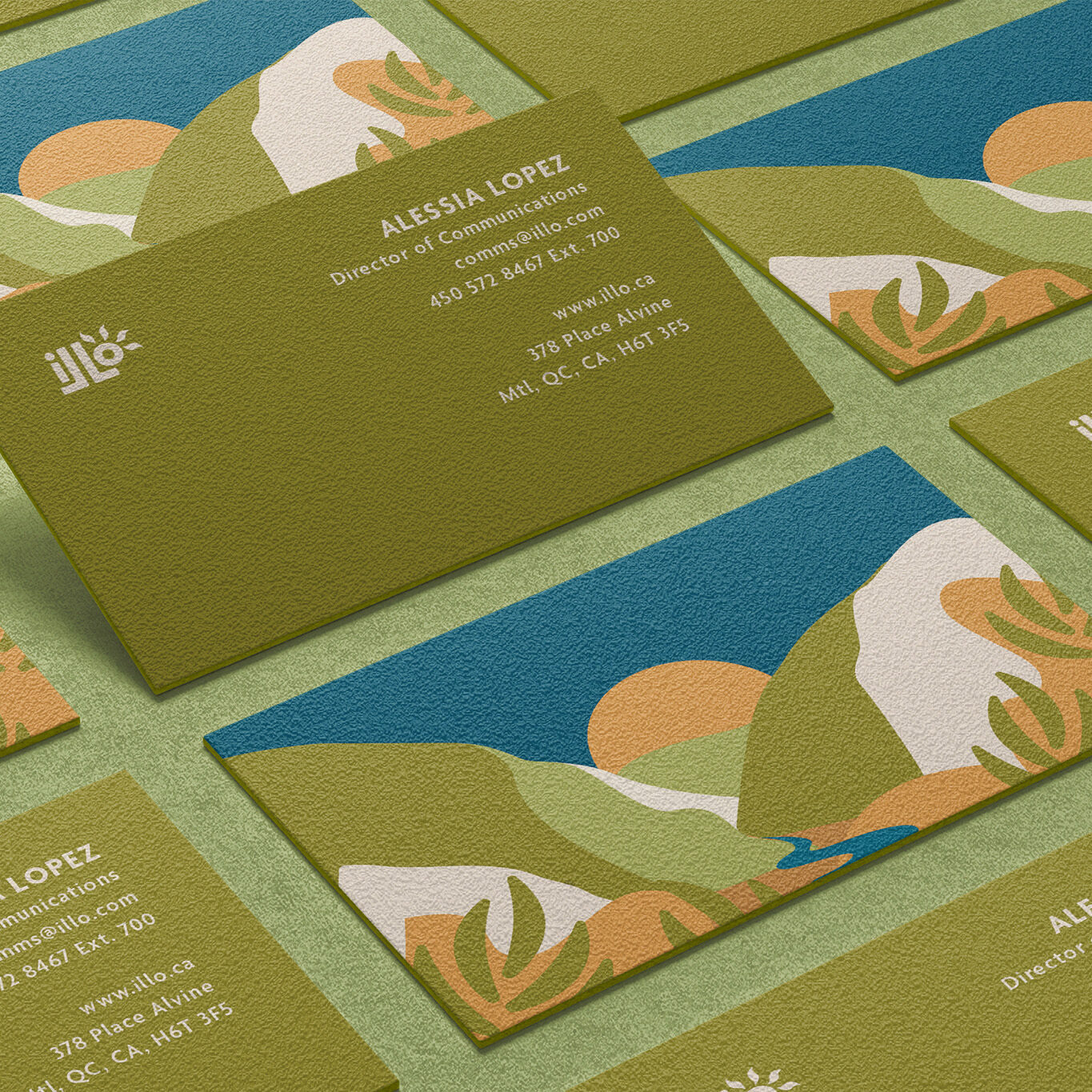 Business cards created for an imagined travel agency called illo adventures. These are the forest themed green ones with an illustrated landscape of the mountainous forest on the back.