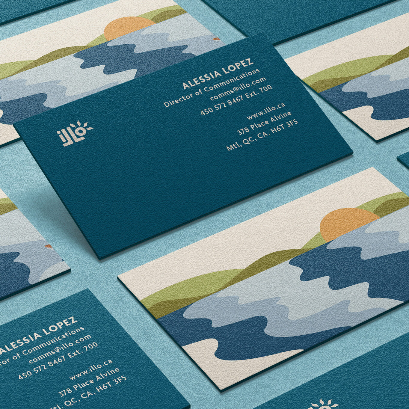 Business cards created for an imagined travel agency called illo adventures. These are the sea themed blue ones with an illustrated landscape of the beach on the back.