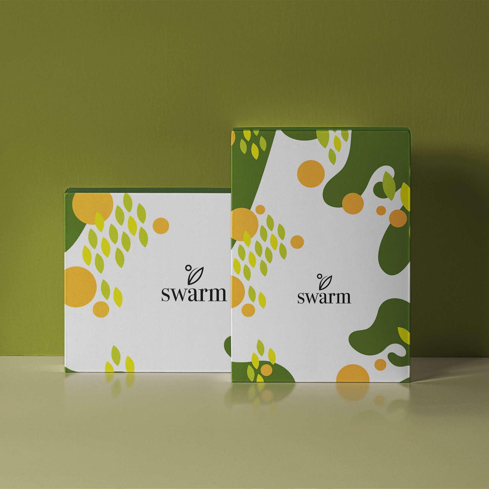 swarm packaging on box in yellow and green theme.