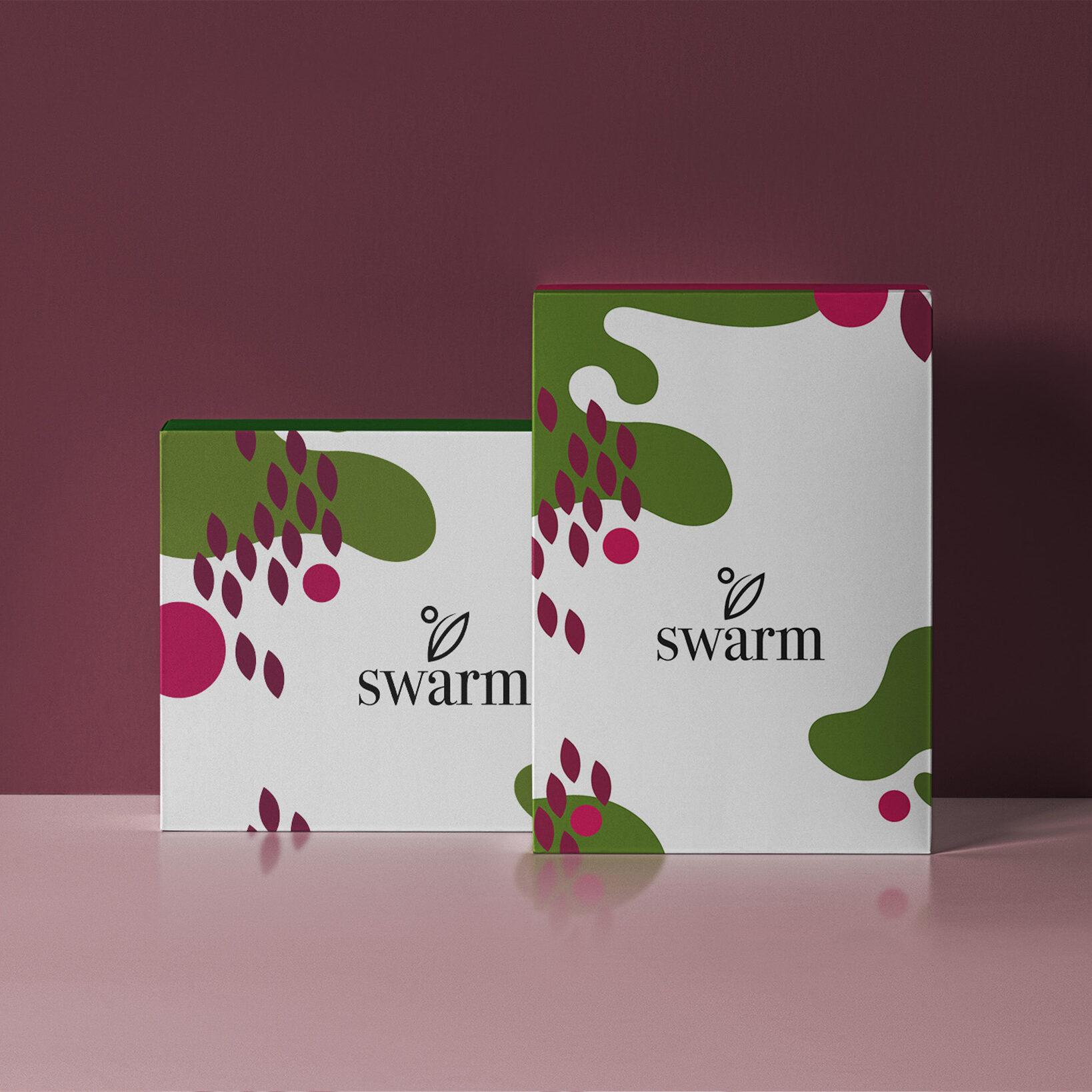 swarm packaging on box in magenta theme.