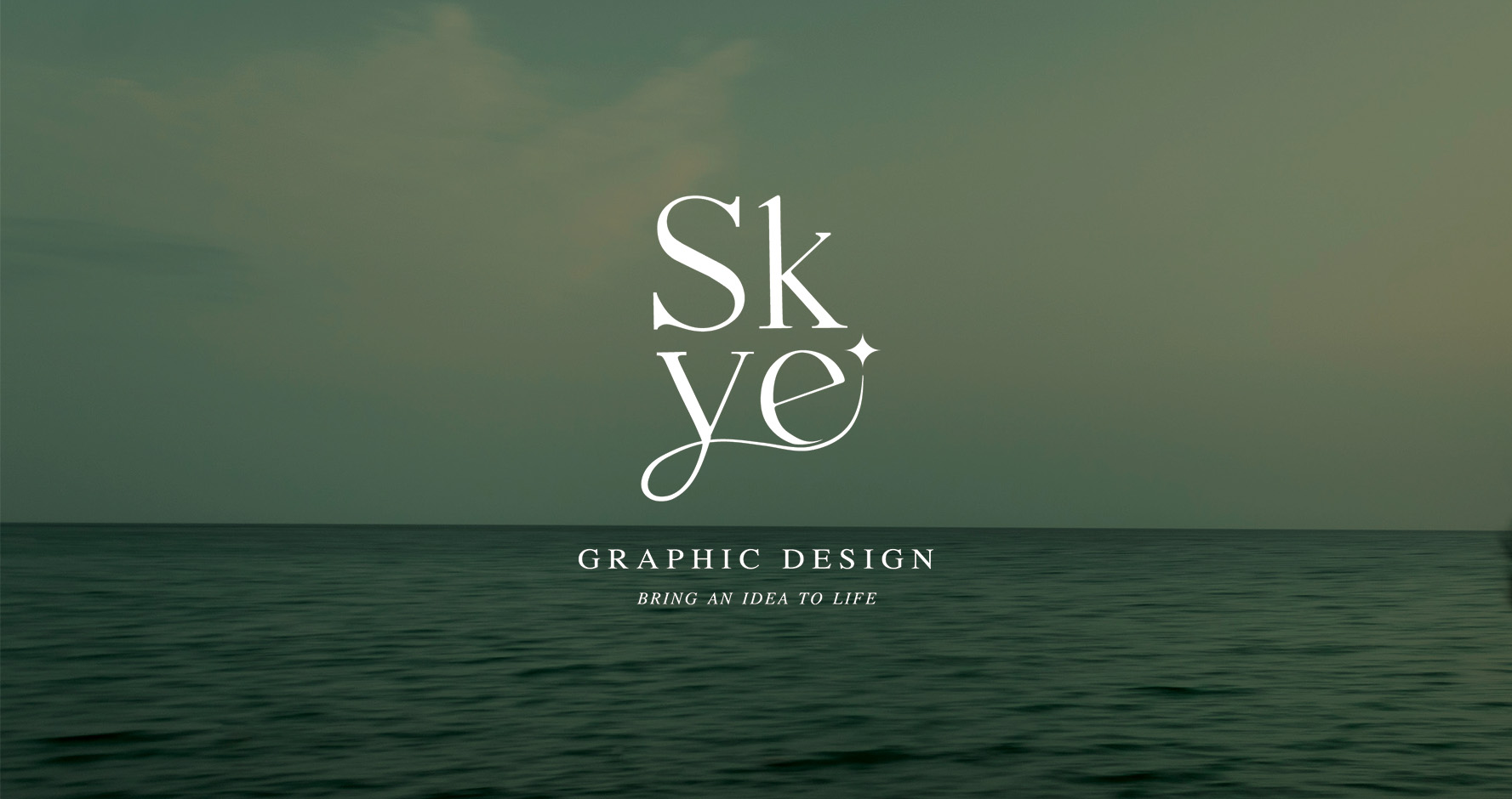 Hero banner with logo and tagline of Skye Designs overlayed on an image of the green tinted green sea and sky.