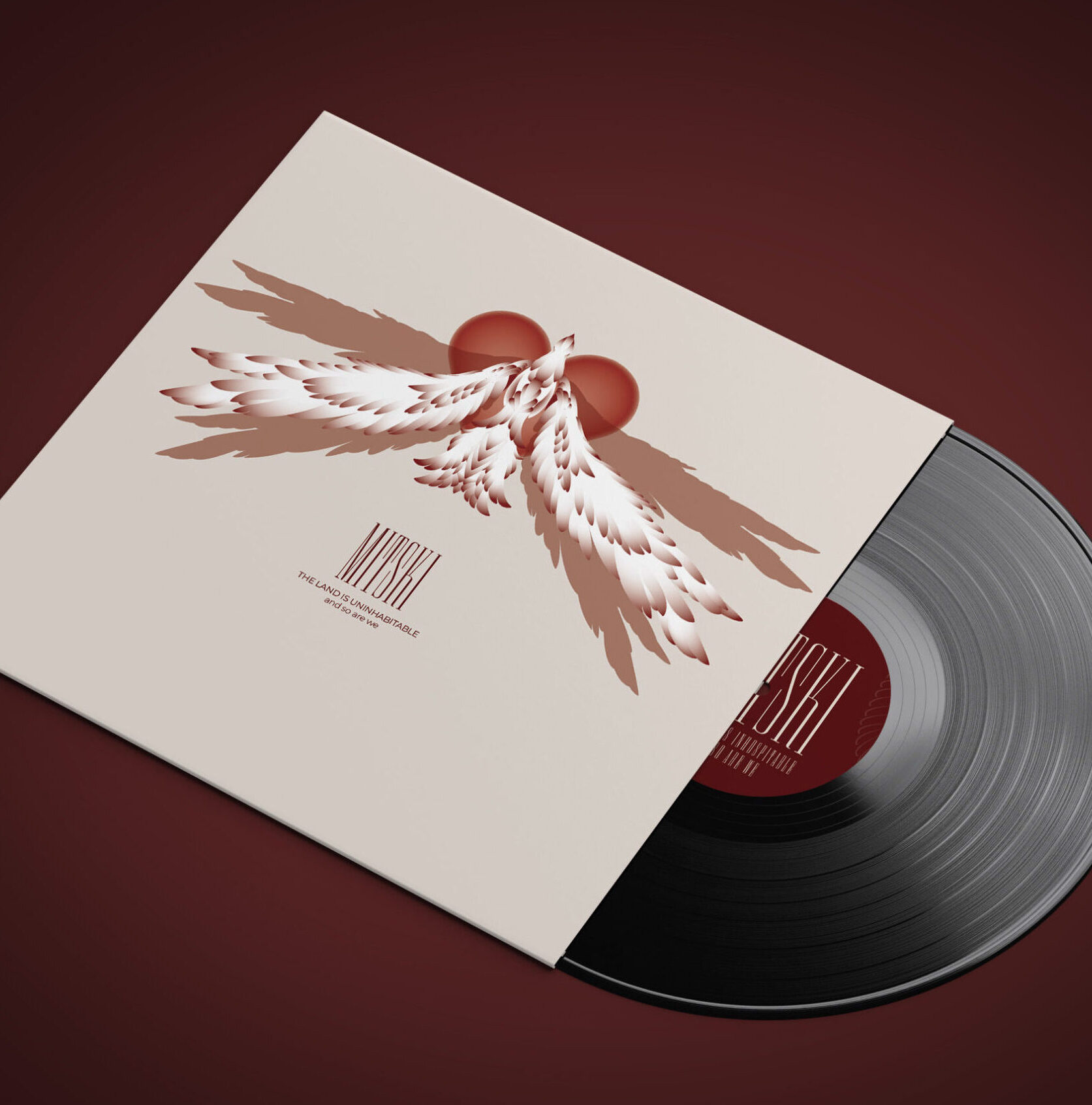 Thumbnail for print portfolio page. It is a fully illustrated vinyl album cover featuring a white bird on a deep red background.
