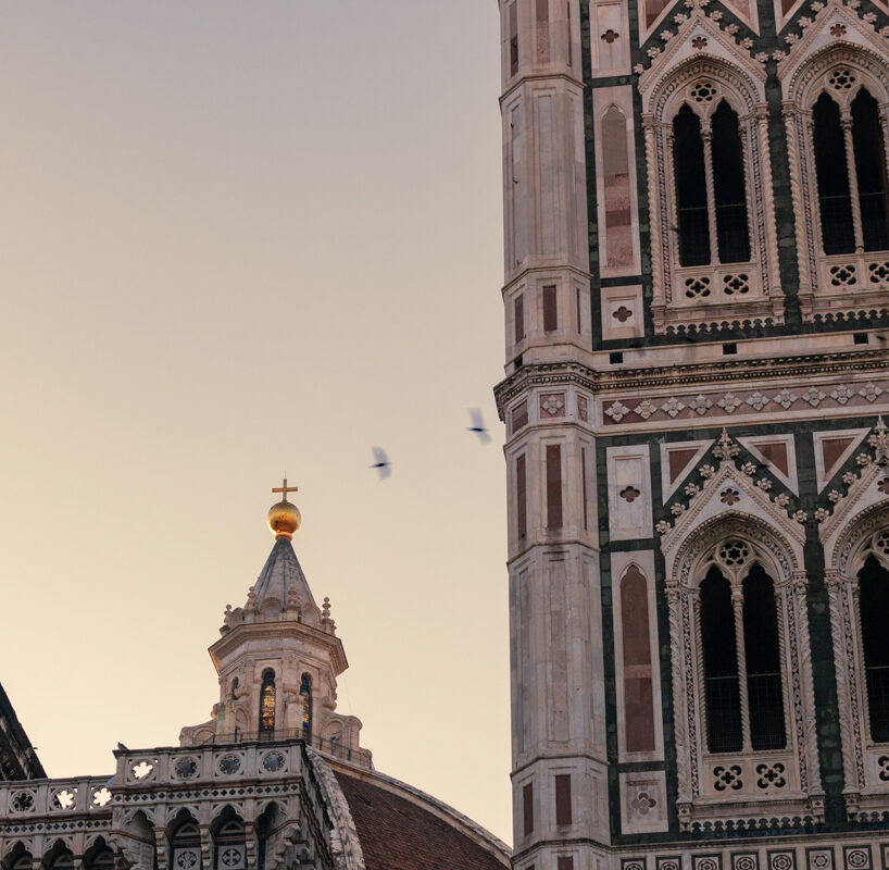 Image for photography page. Birds fly between church buildings at sunrise at Il Duomo di Firenze.
