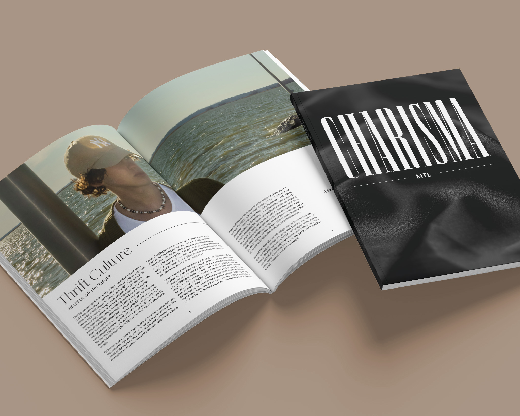 Charisma magazine spread with clean and minimalist layout. It features two green tinted images and script text.