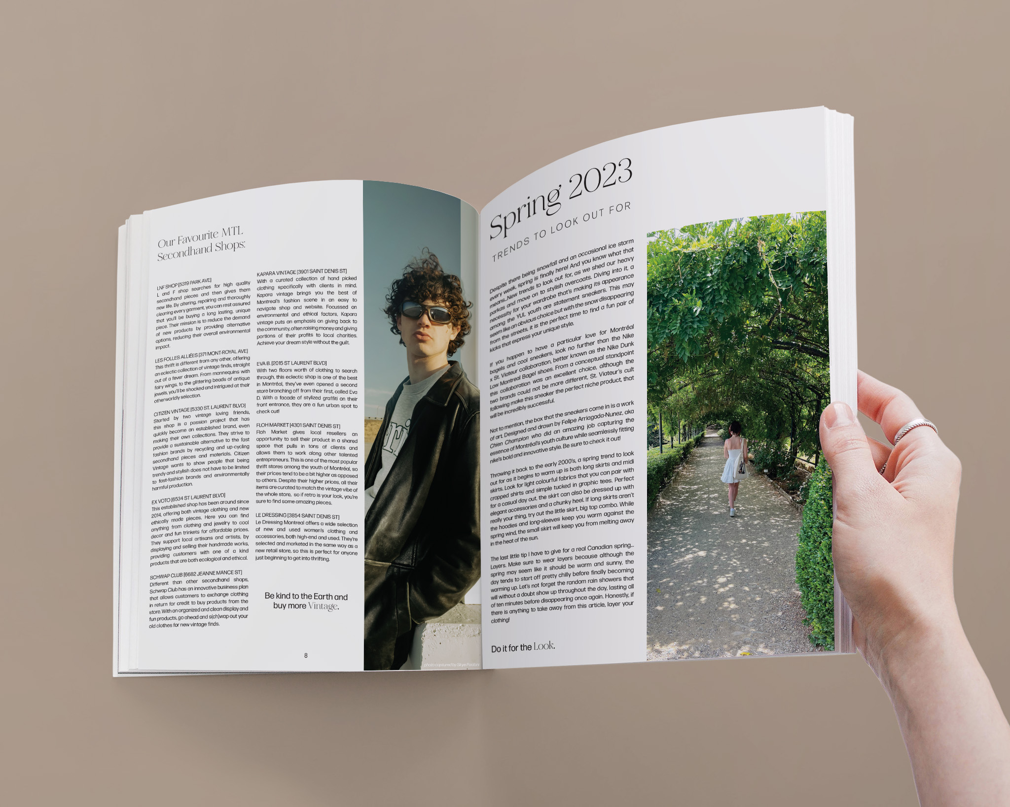 Charisma magazine spread with clean and minimalist layout. It features two green tinted images and script text.