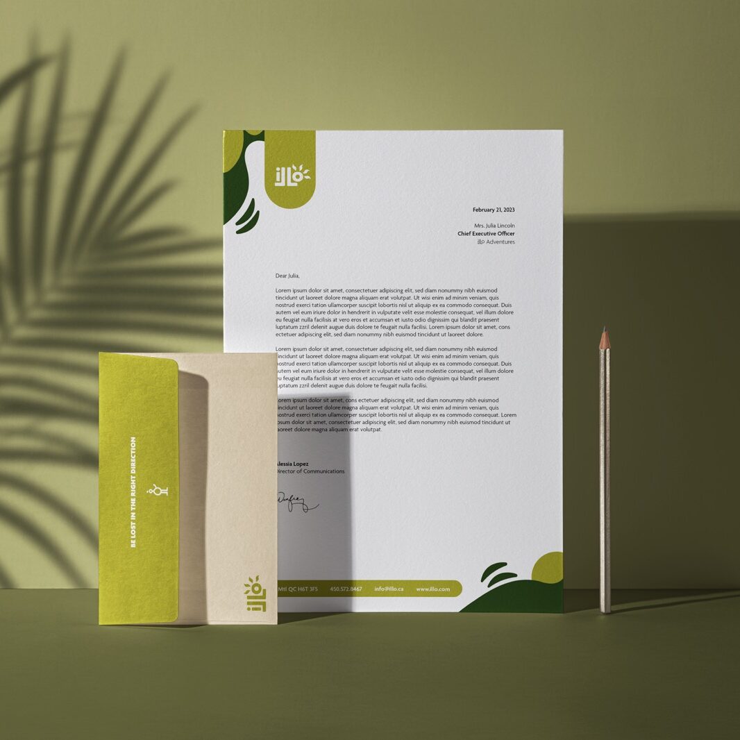 Stationery set for imagined travel agency illo adventures. Green theme.