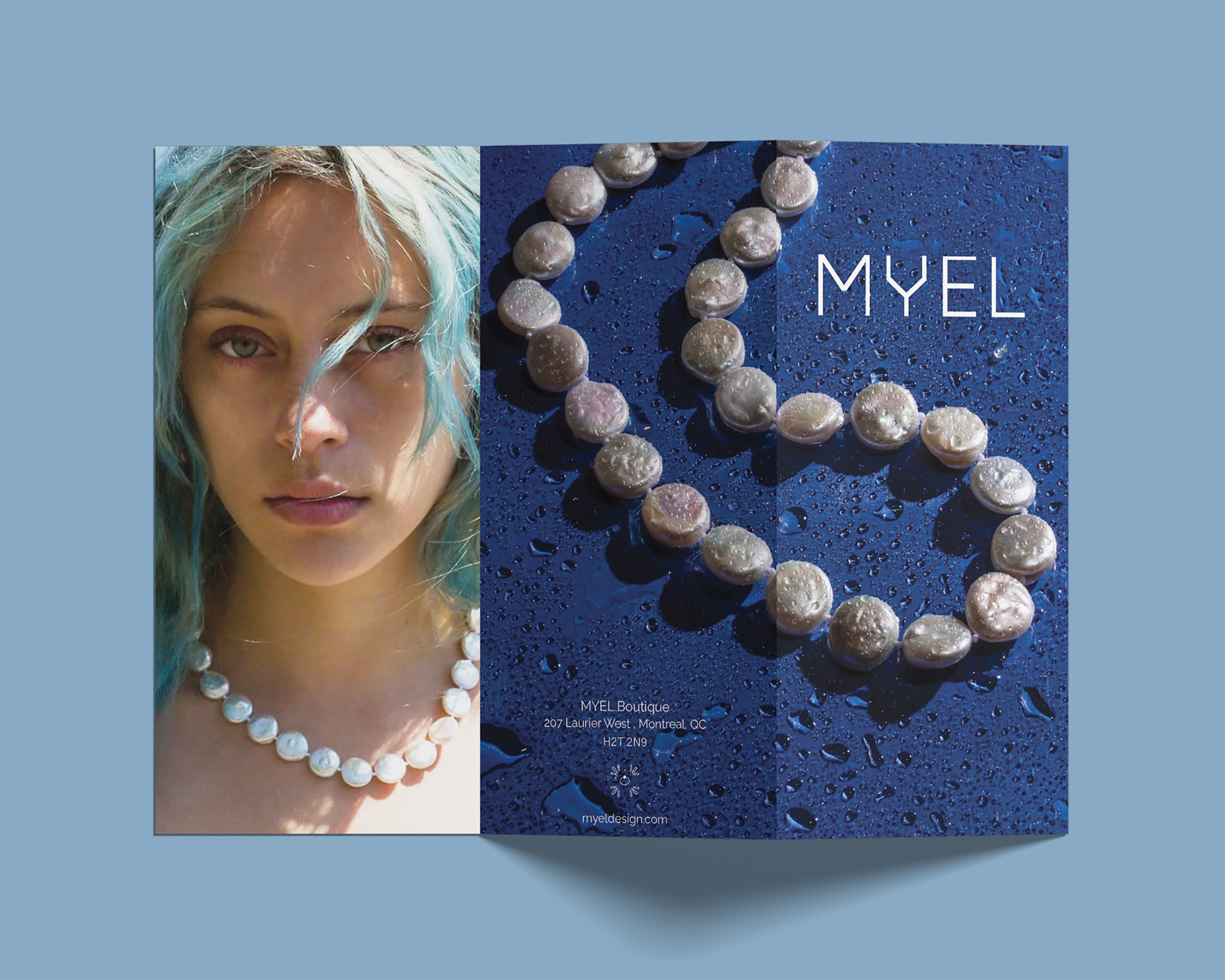 This image is the outside of the brochure completed in Graphic Design two based on the jewelry company MYEL. The back cover is a large image of a woman wearing the pearl necklace featured on the front cover.