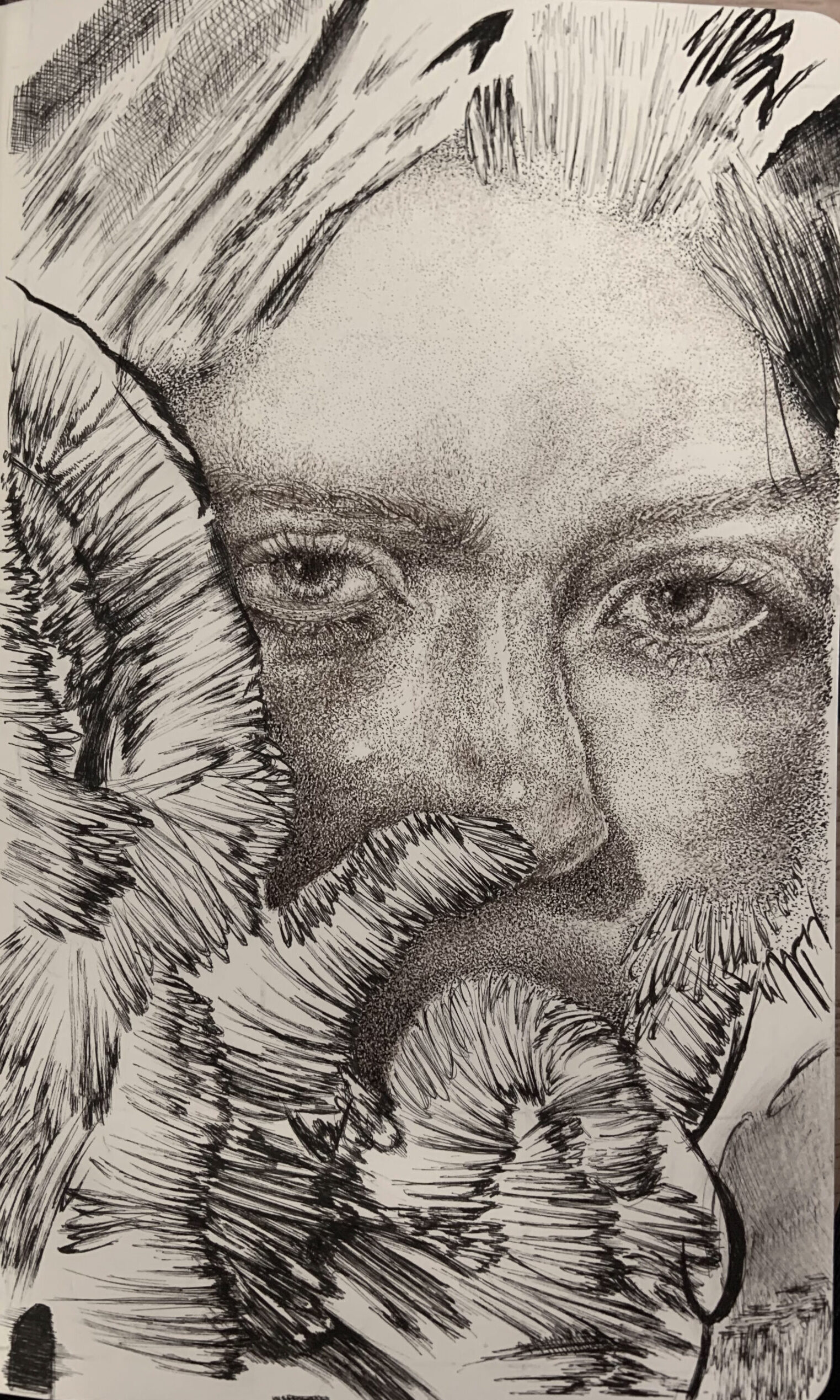 This image is a realistic drawing of a woman's face however it blends both stippling, hatching and crosshatching techniques in order to shade the image and create details.