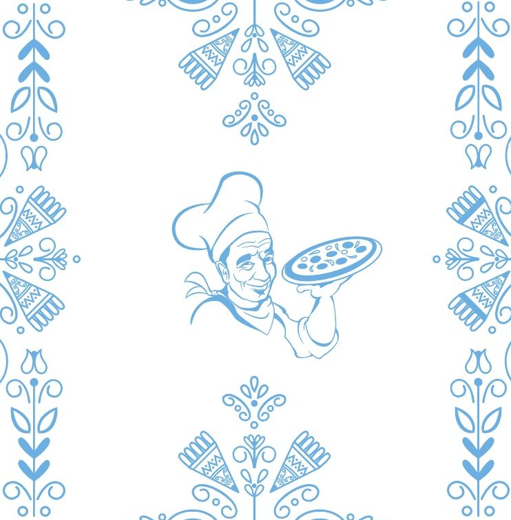 Pizzeria Da Roby illustrations in blue for a pizza box. Has the chef's face illustrated in the center for a lighthearted and more friendly look.