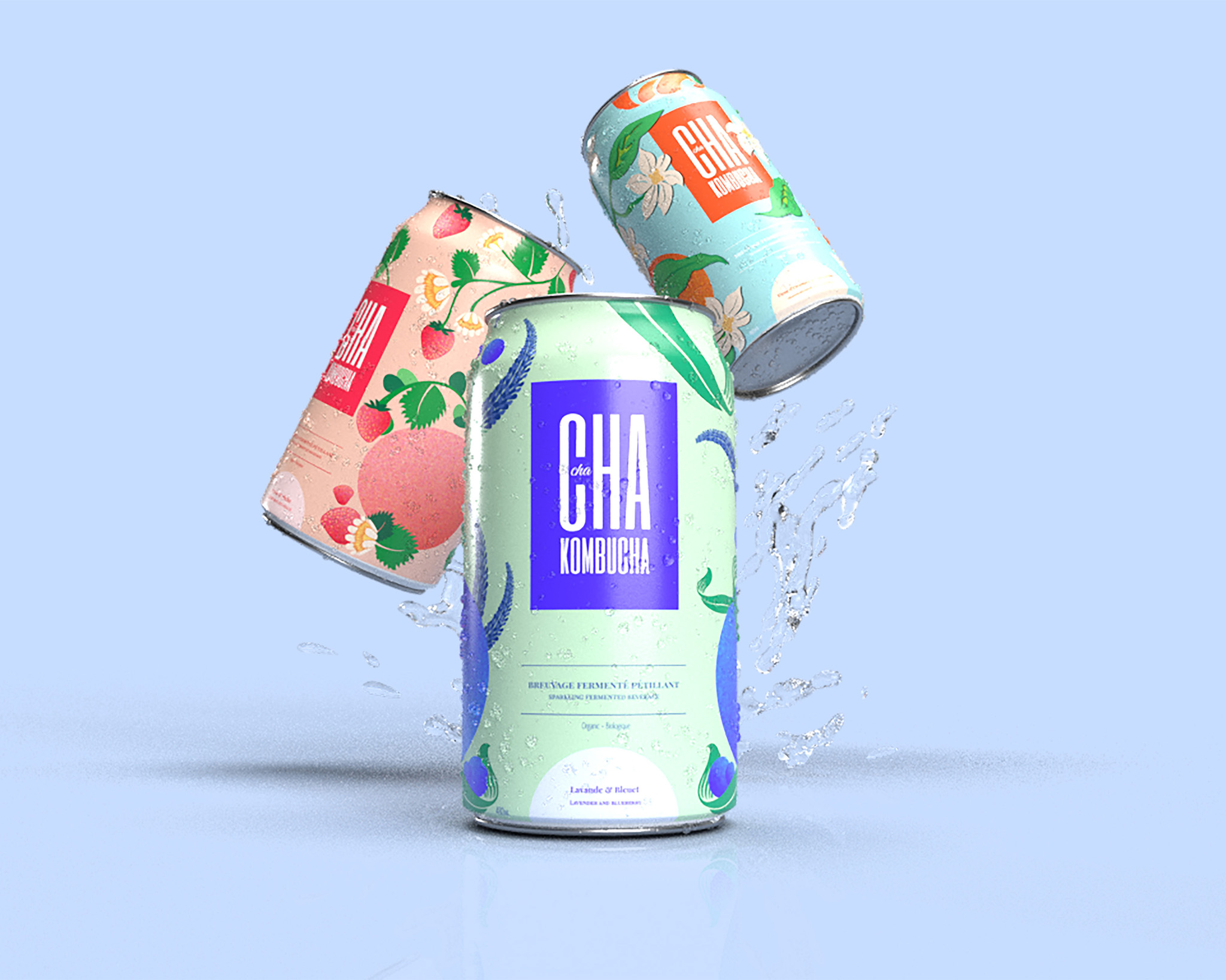 This is a mockup of soda cans for the Kombucha packaging project, the blueberry lavender one is in front. The pink and peach one with strawberries is on the left. The orange blossom one is on the right. They are on a light lilac colour background.