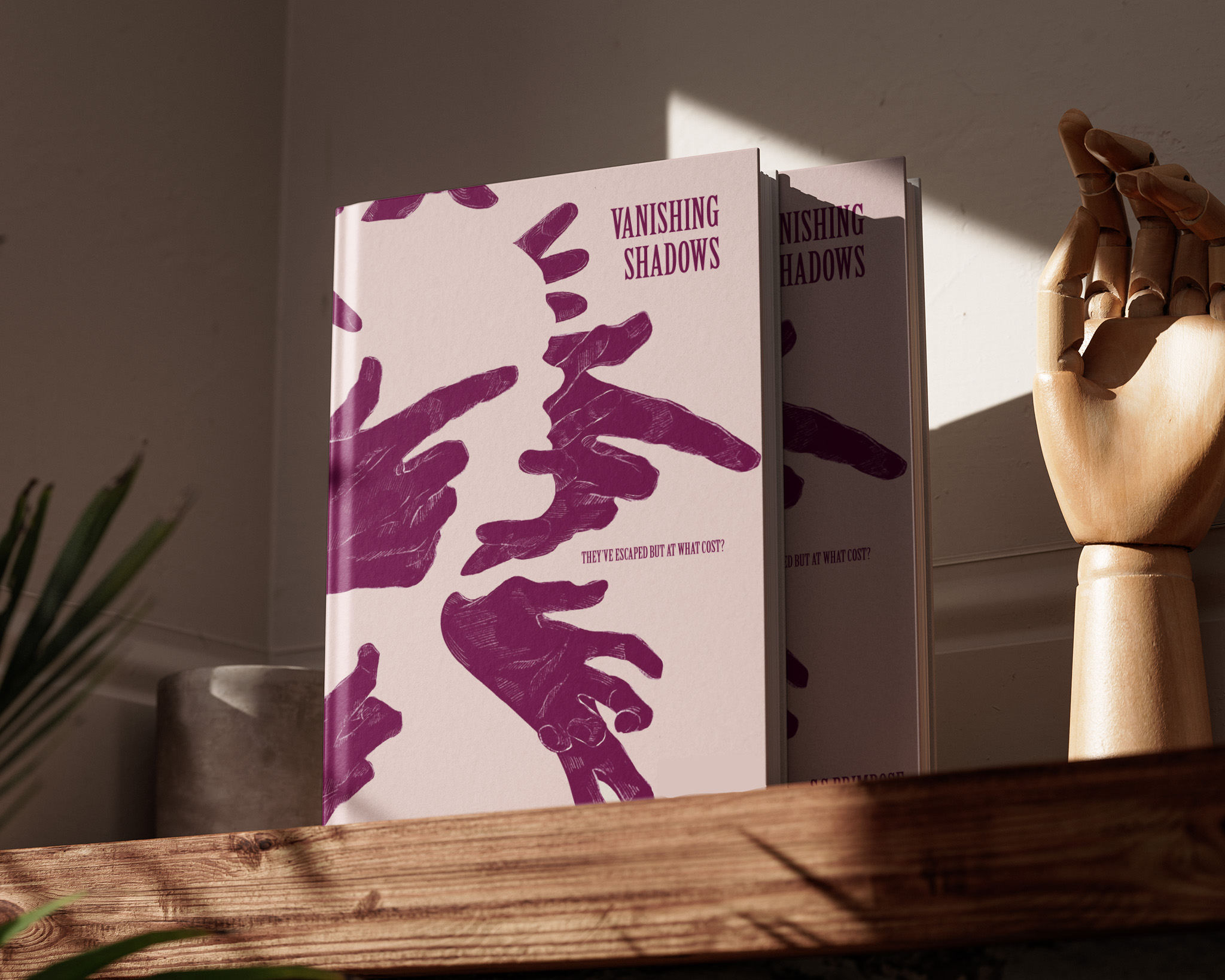 the brambles turning into hands which form the silhouette of a face. Book mockup.