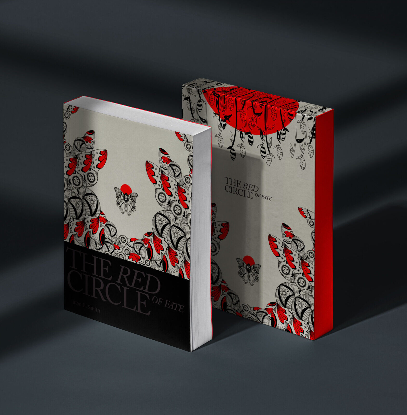 Butterfly pattern art put on a book mockup. The colour palette is red, grey and black.