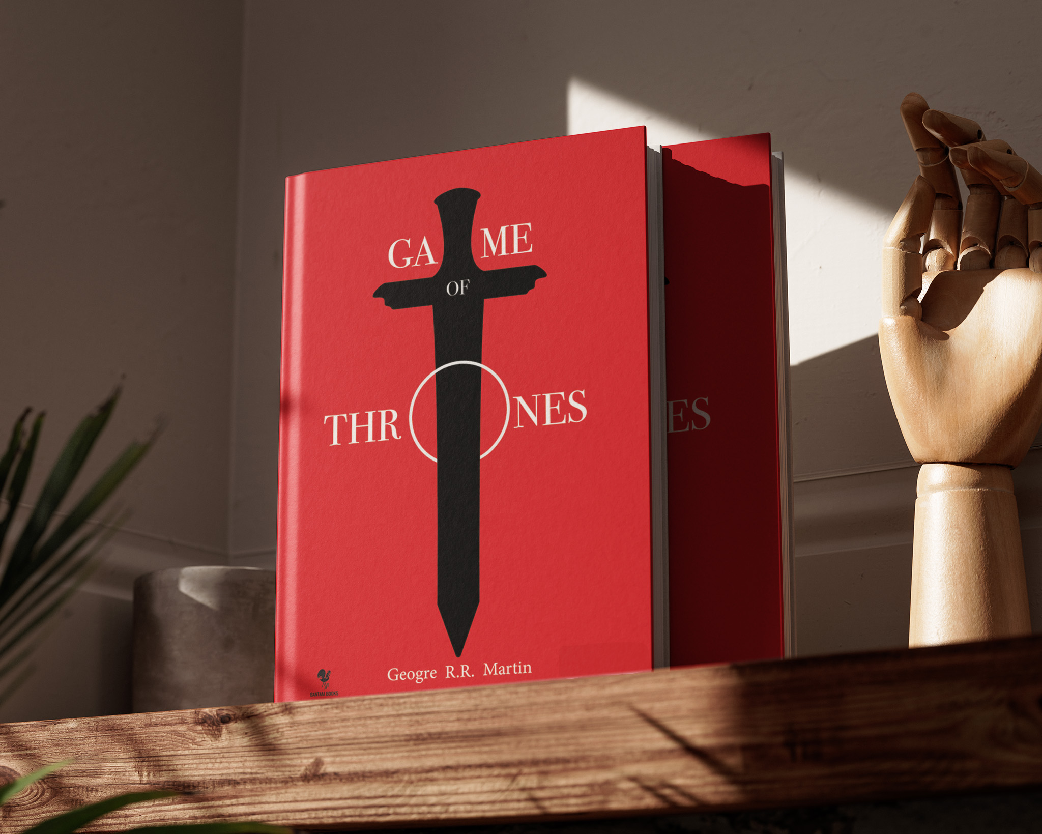 This image is a visual of the dust jacket created for the first book in the Song of Ice and Fire series, better known as Game of Thrones. The dust jacket itself is mostly a deep red colour with black and white detailing and a sword on the front. The look is minimalist and relies on subtle references to the book. Thumbnail.