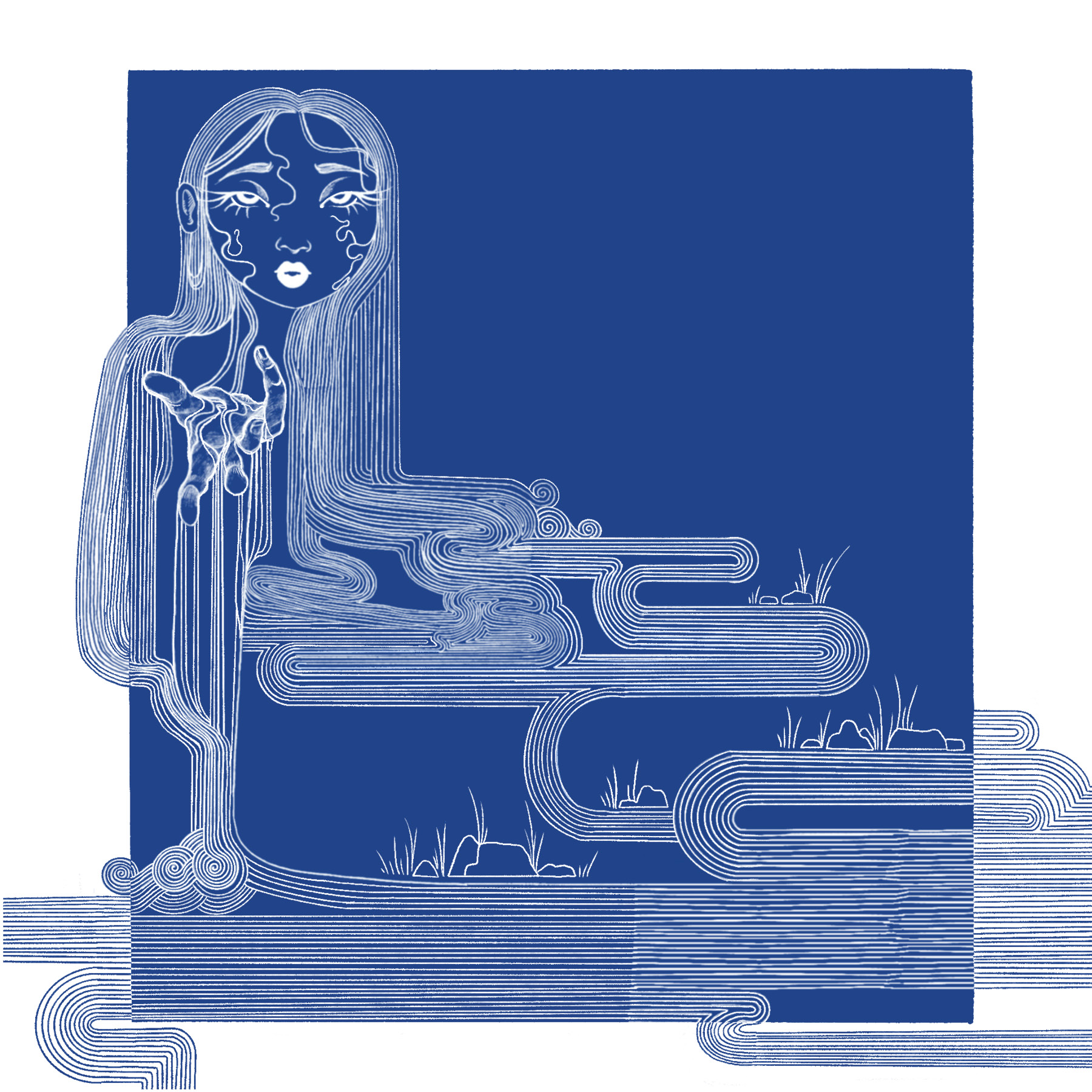Blue illustrations of the river and a girl with hair flowing into the water for the haiku accordion fold.