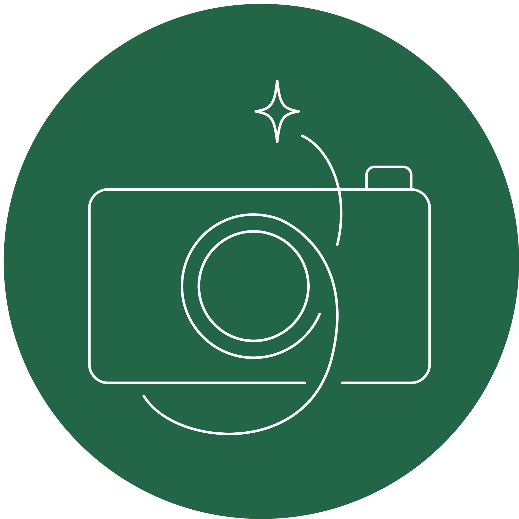 Icon for photography. A camera with trail and a star on a green background. Mostly works as decoration on about me page.