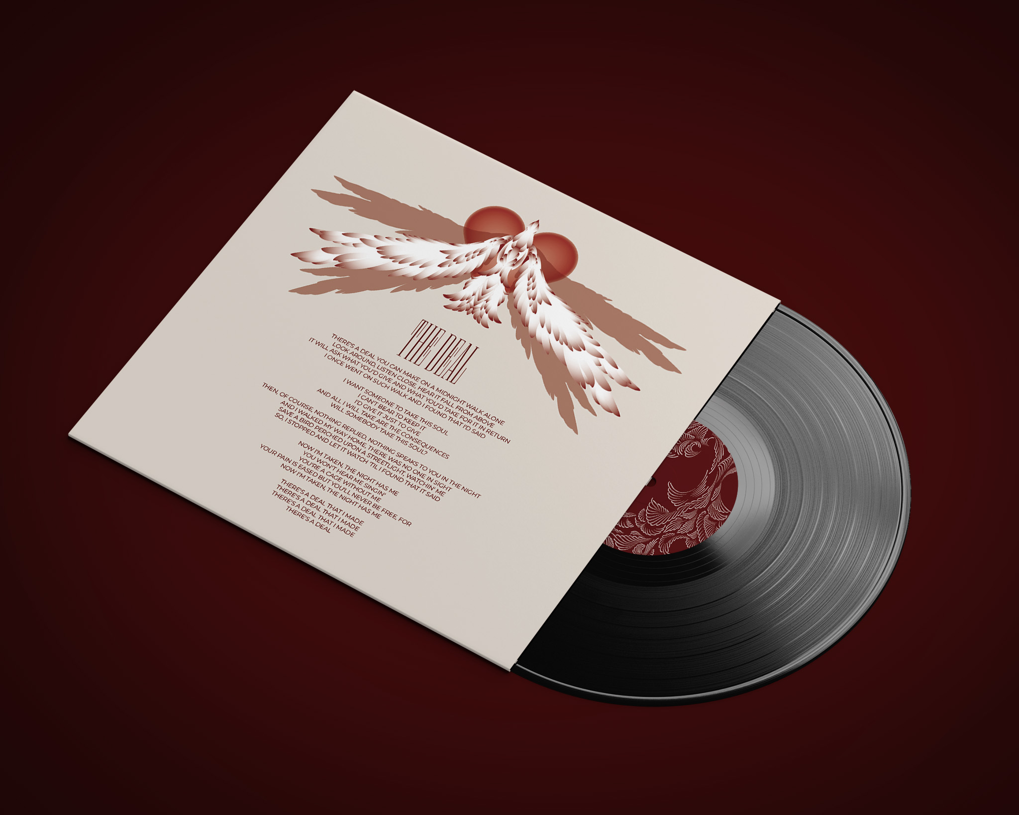 It is a fully illustrated vinyl album cover featuring a white bird on a deep red background.