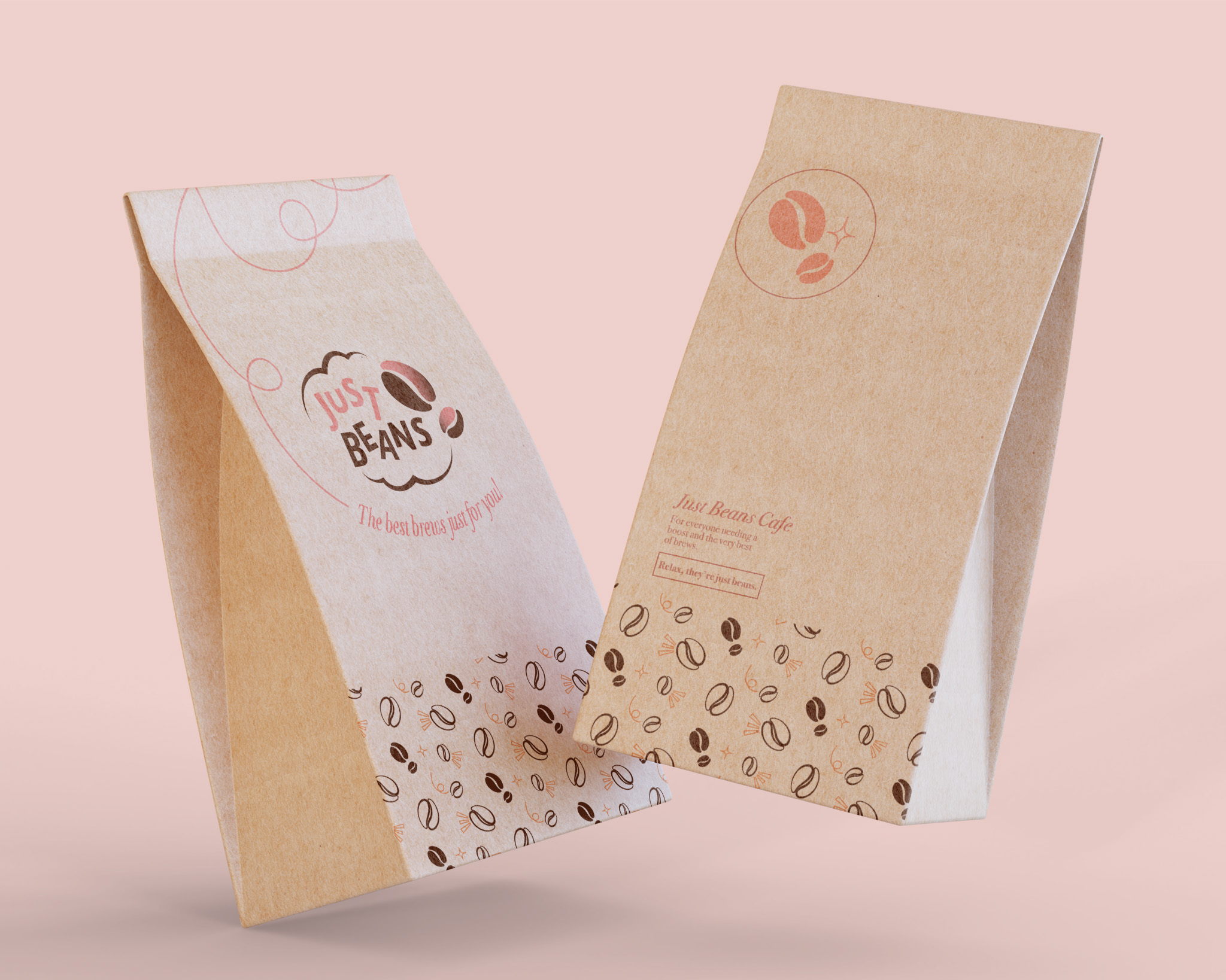 Just Beans Cafe mockup of two coffee packages with a pink and brown coffee bean pattern.