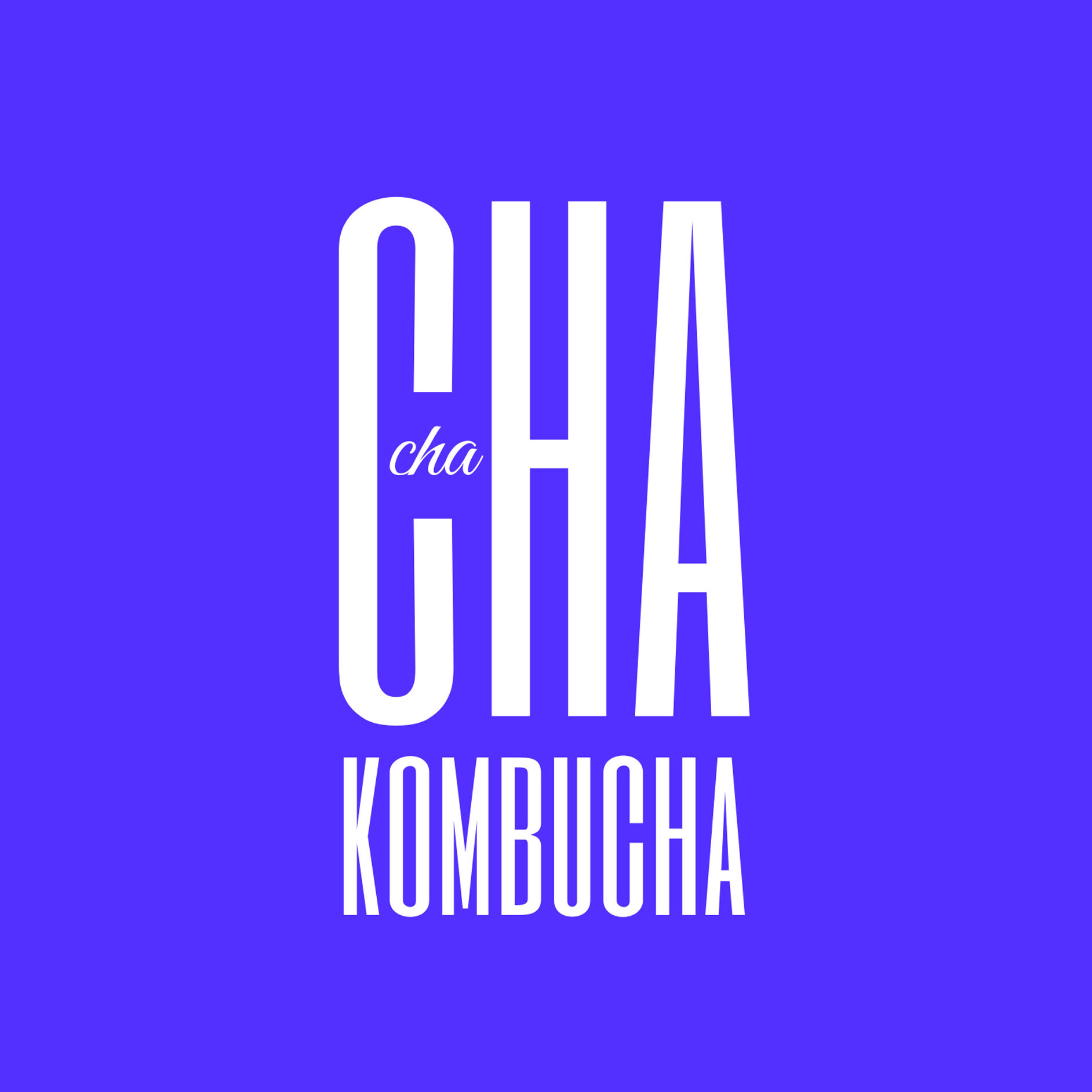 Cha Cha Kombucha logo on a dark blue background.