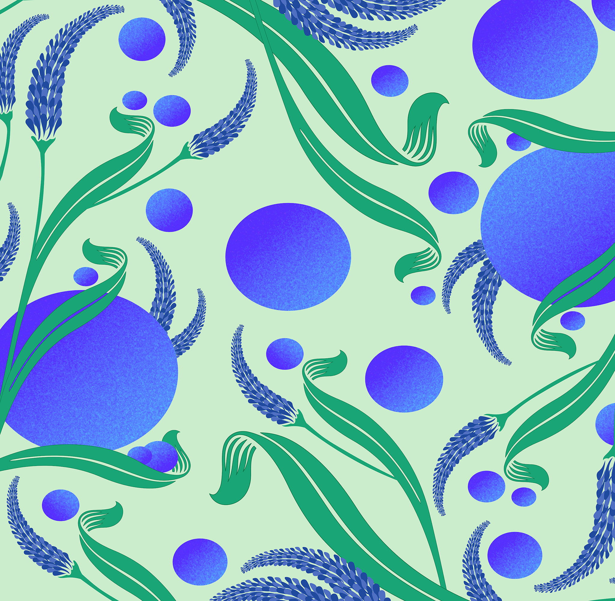 An illustrated pattern. Illustrations of blueberries and lavender on a light green background with small plants and leaves.