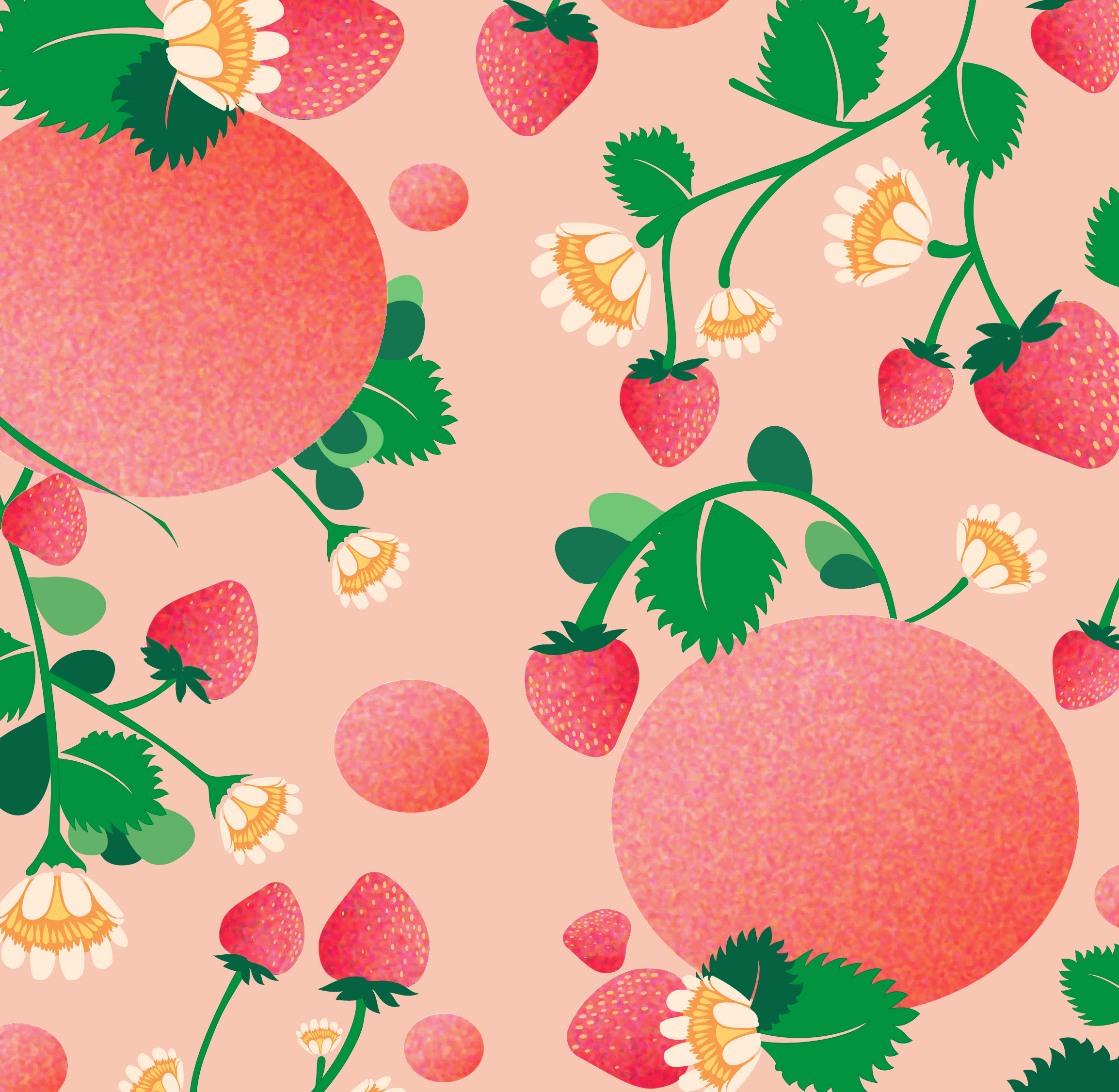 An illustrated pattern. Illustrations of peaches and strawberries on a salmon background with small plants and leaves. 
