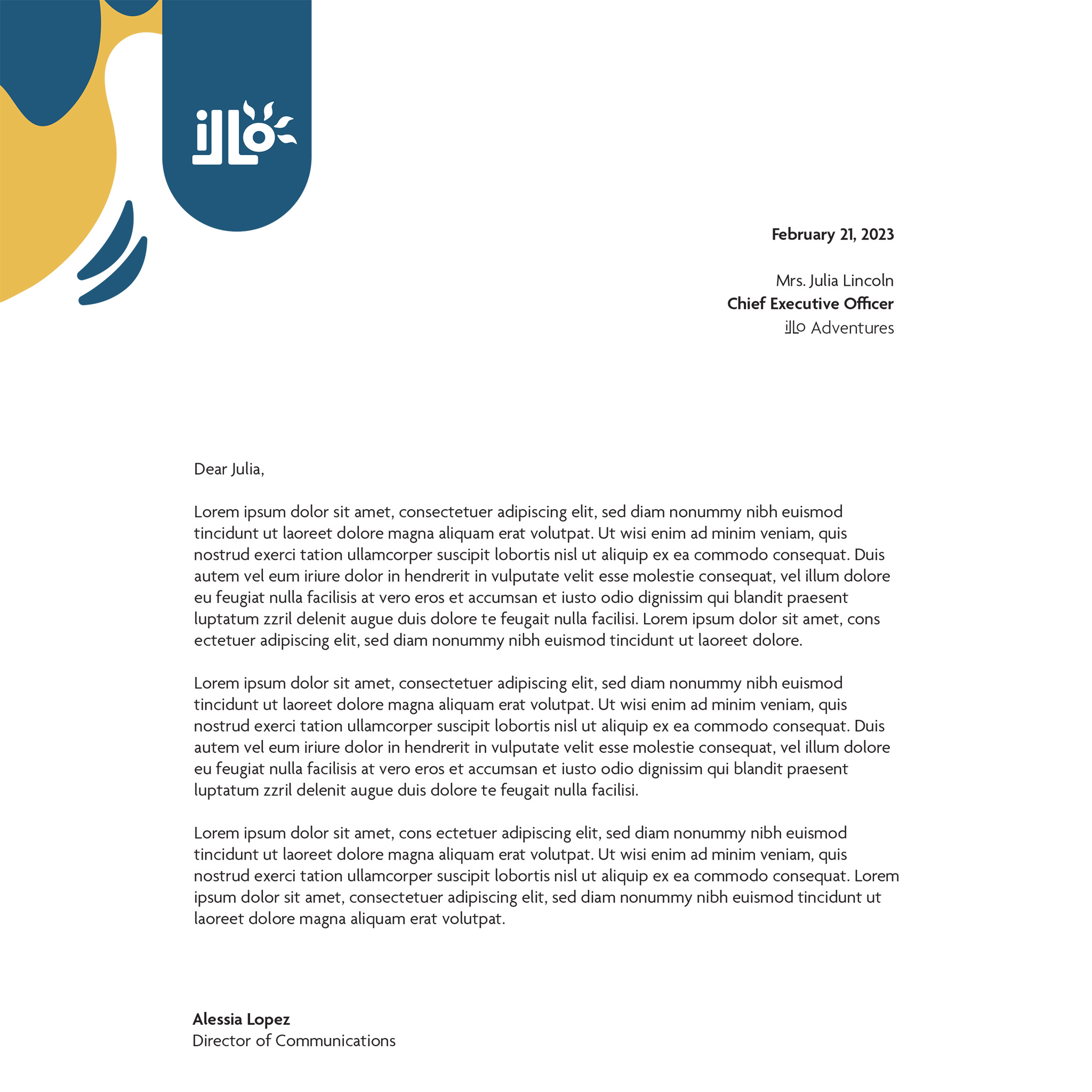 Professional stationary letterheads for the imagined travel agency Illo Adventures. This version features blue and yellow organic shapes and elements to support the text and make it unique to the brand.