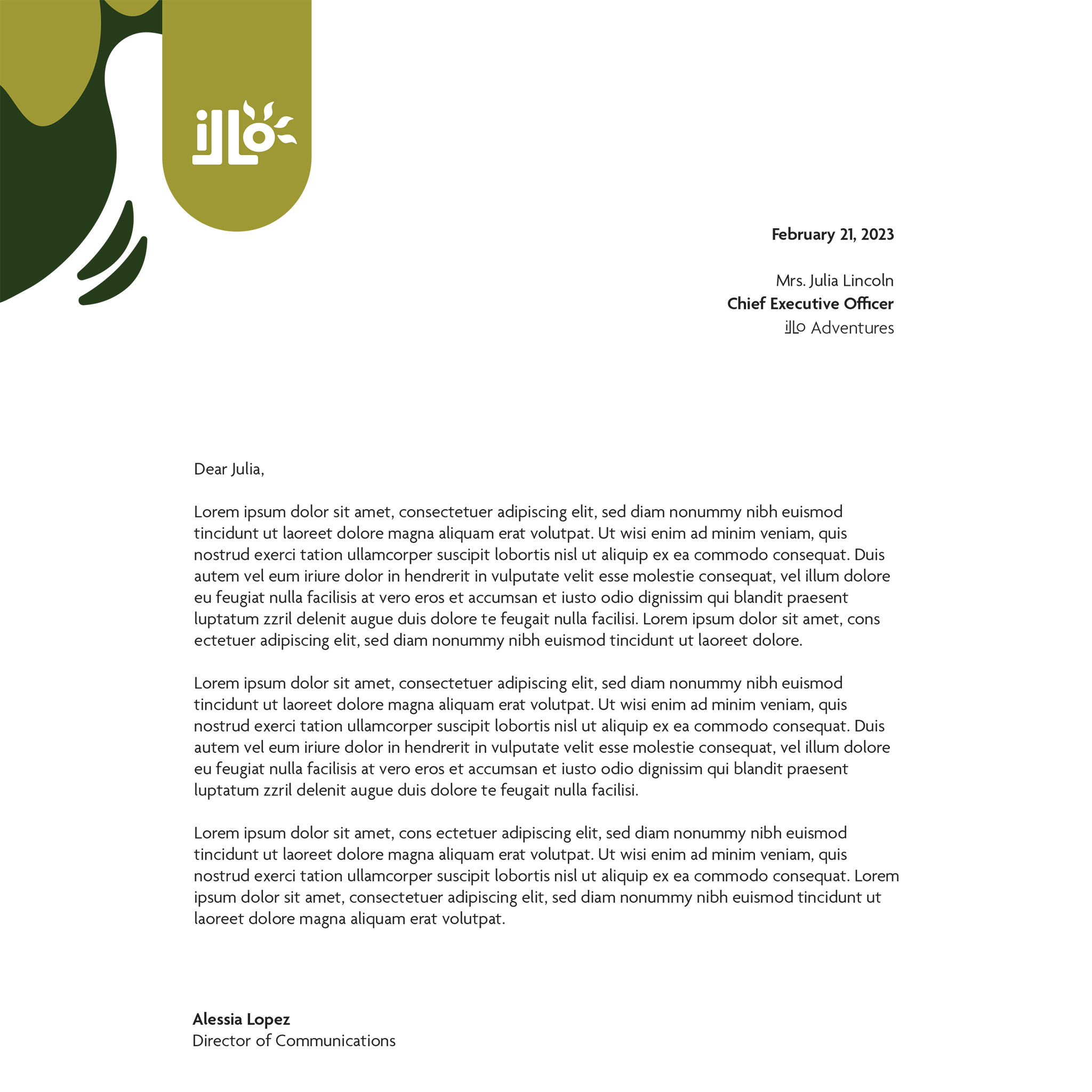 Professional stationary letterheads for the imagined travel agency Illo Adventures. This version features green organic shapes and elements to support the text and make it unique to the brand.