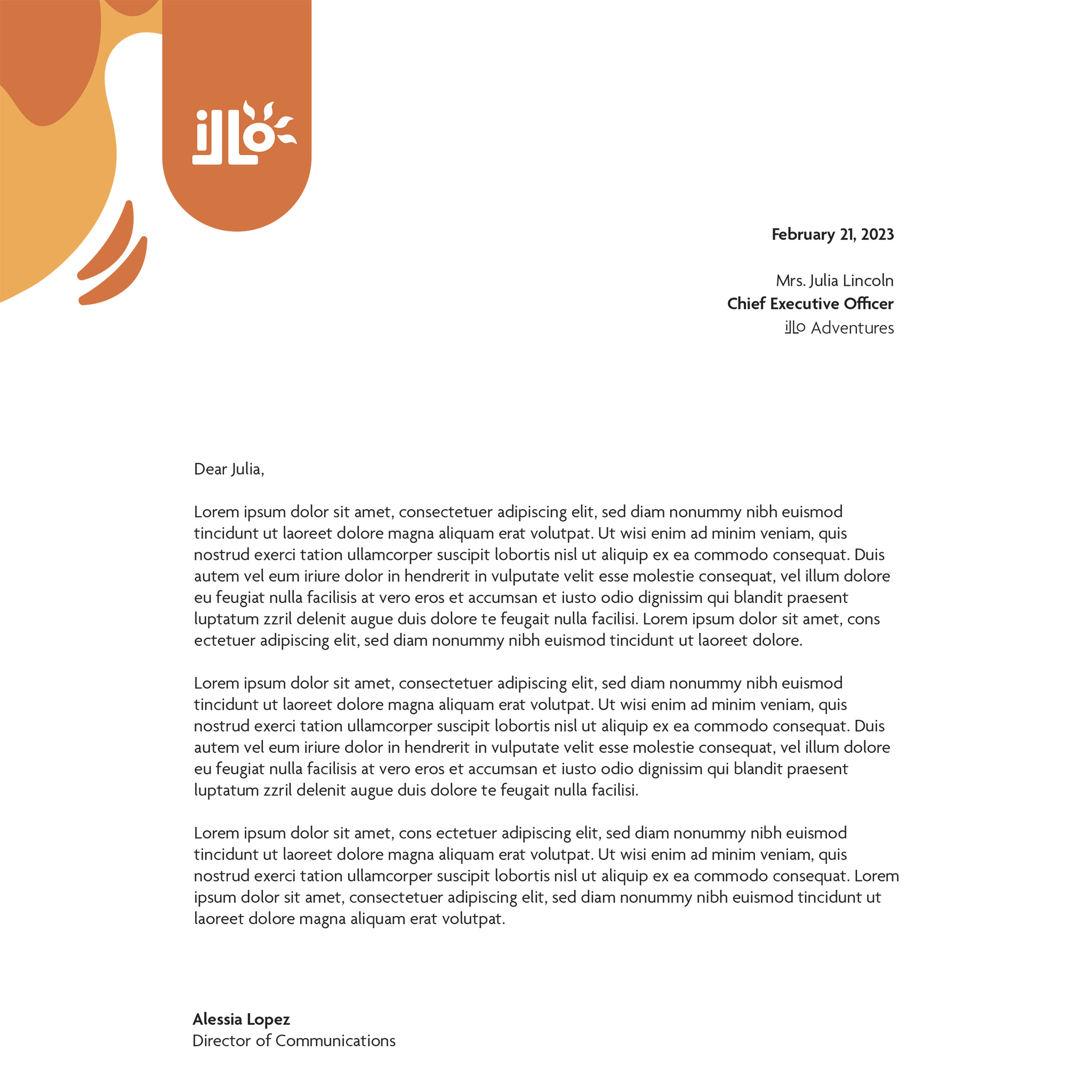 Professional stationary letterheads for the imagined travel agency Illo Adventures. This version features orange and yellow organic shapes and elements to support the text and make it unique to the brand.