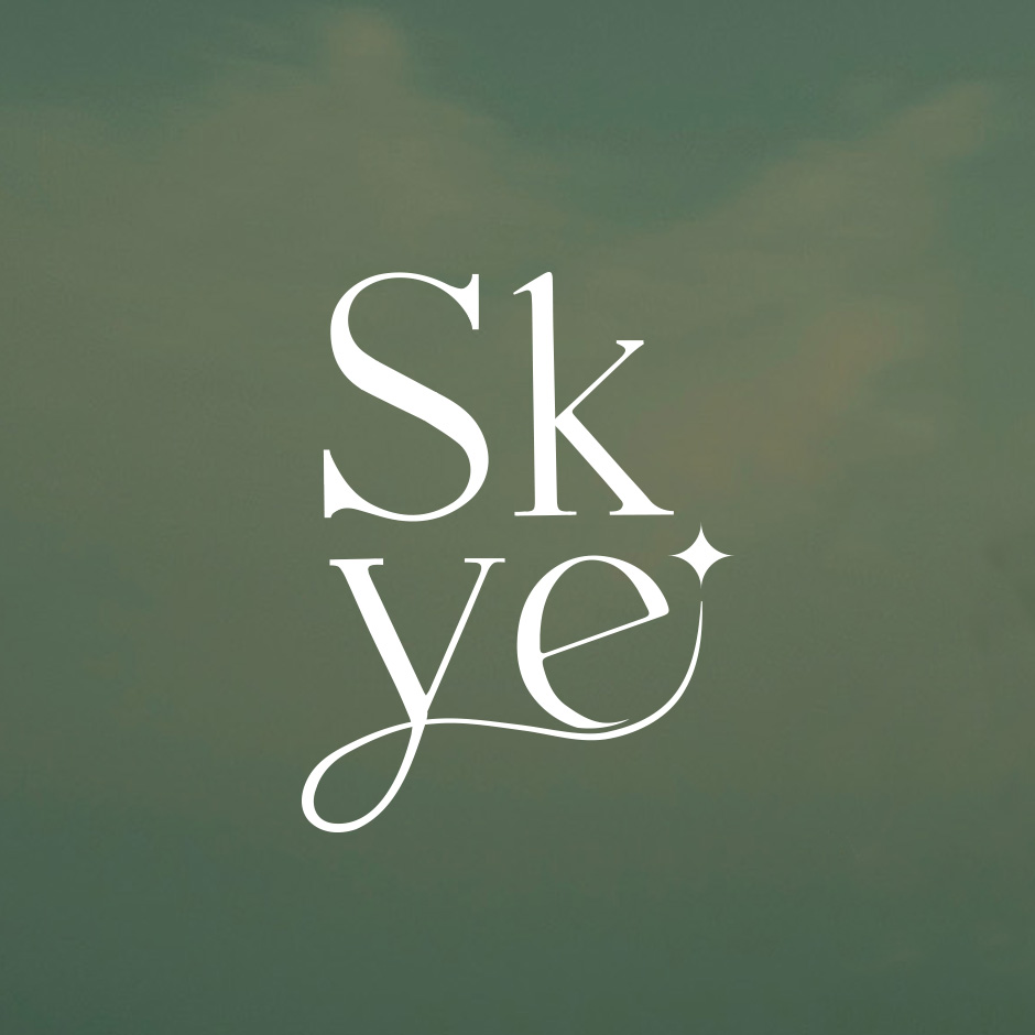 Redesigned stacked logo for Skye Designs on a green background. 