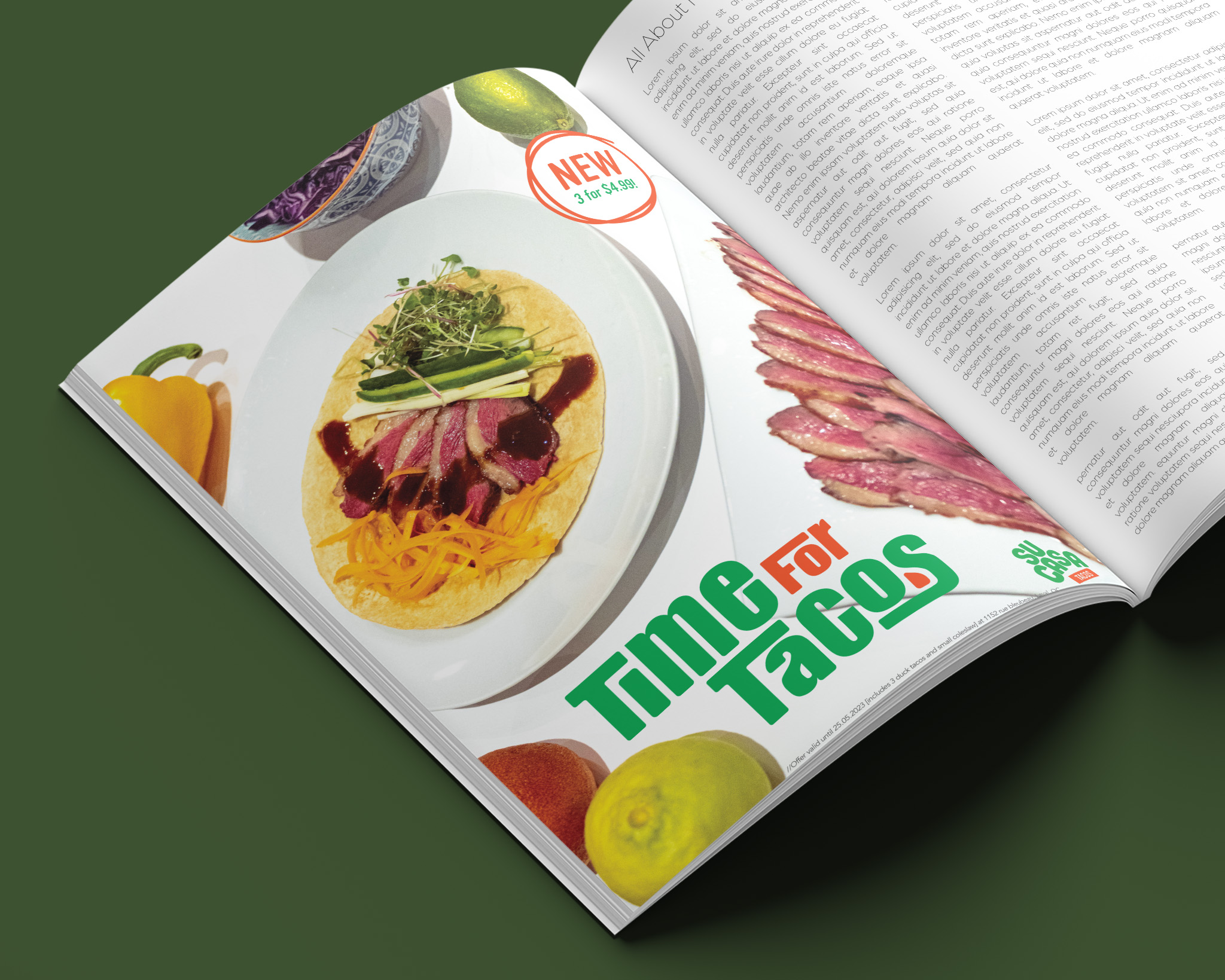 magazine advertisement for sucasa tacos. It is bright colourful and features vibrant dishes.