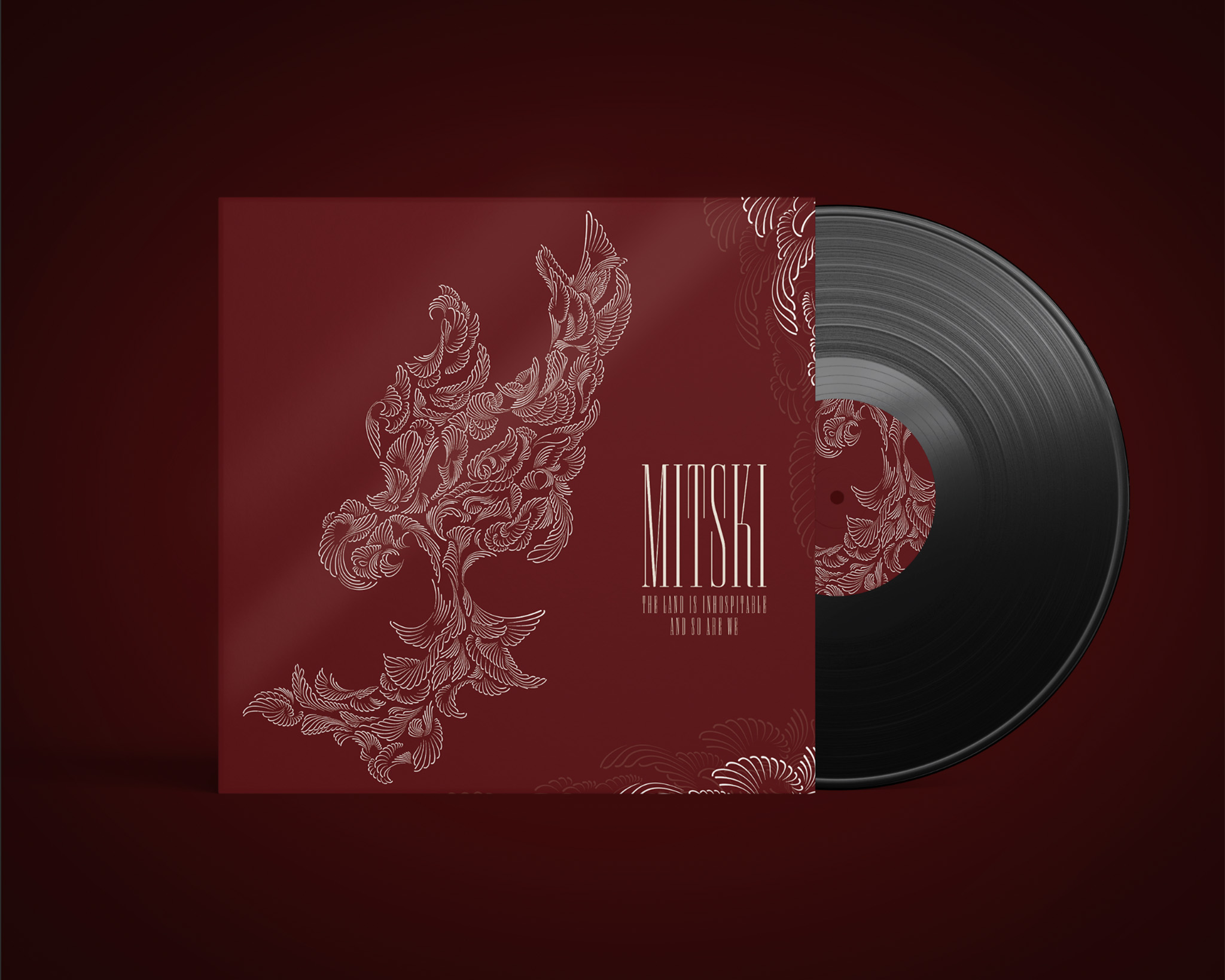 It is a fully illustrated vinyl album cover featuring a white bird on a deep red background.