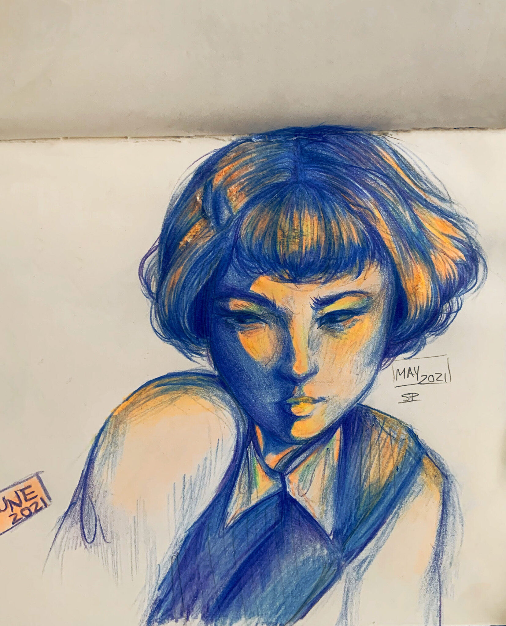 Coloured pencil drawing on a sketchbook. Blue was used for mid tones and shadows where as a complimentary orange colour was used for the highlights.