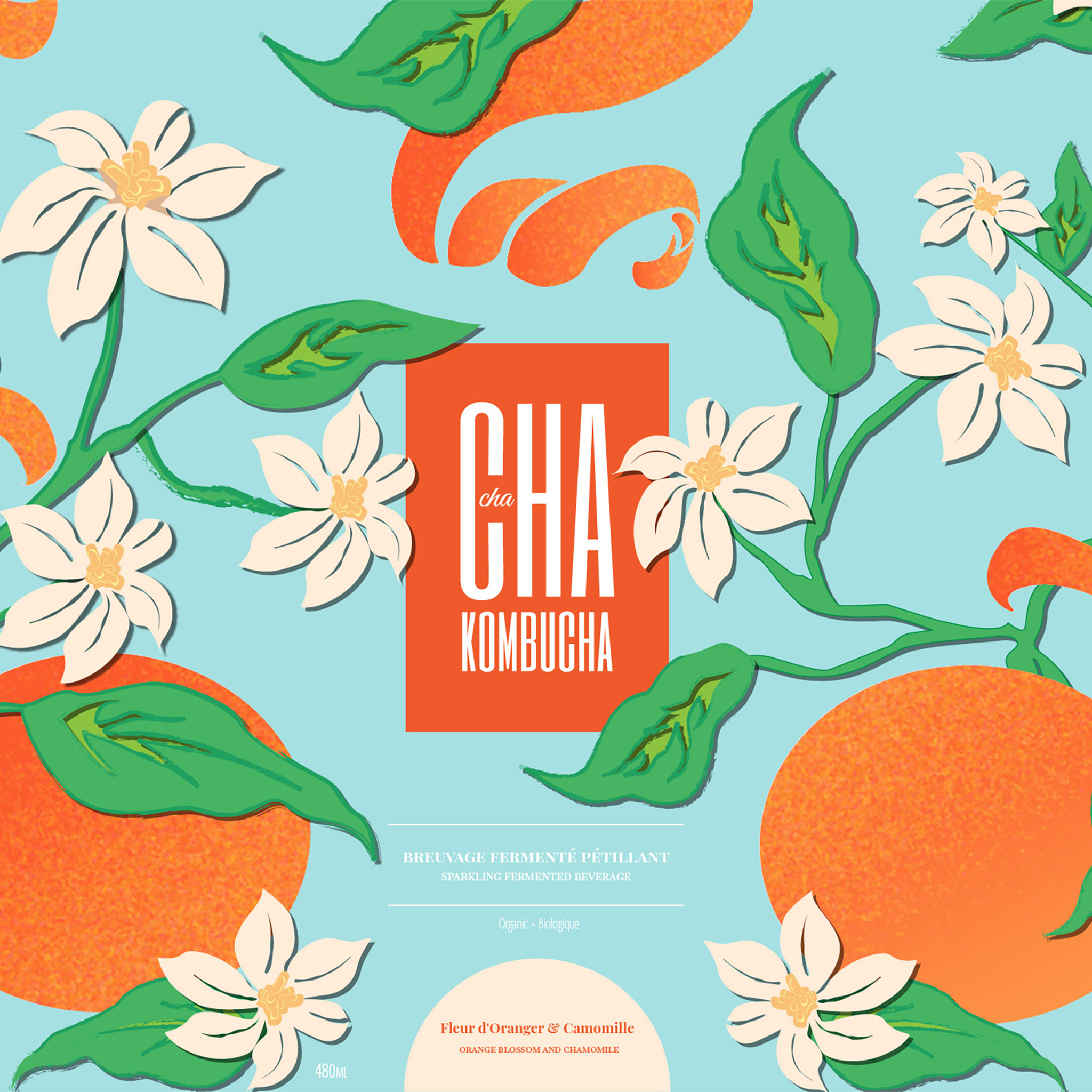 This acts as a thumbnail for the drink packaging project. It features a light blue background with illustrated green leaves, cream coloured flowers and vibrant orange details. The front label say Cha cha Kombucha.