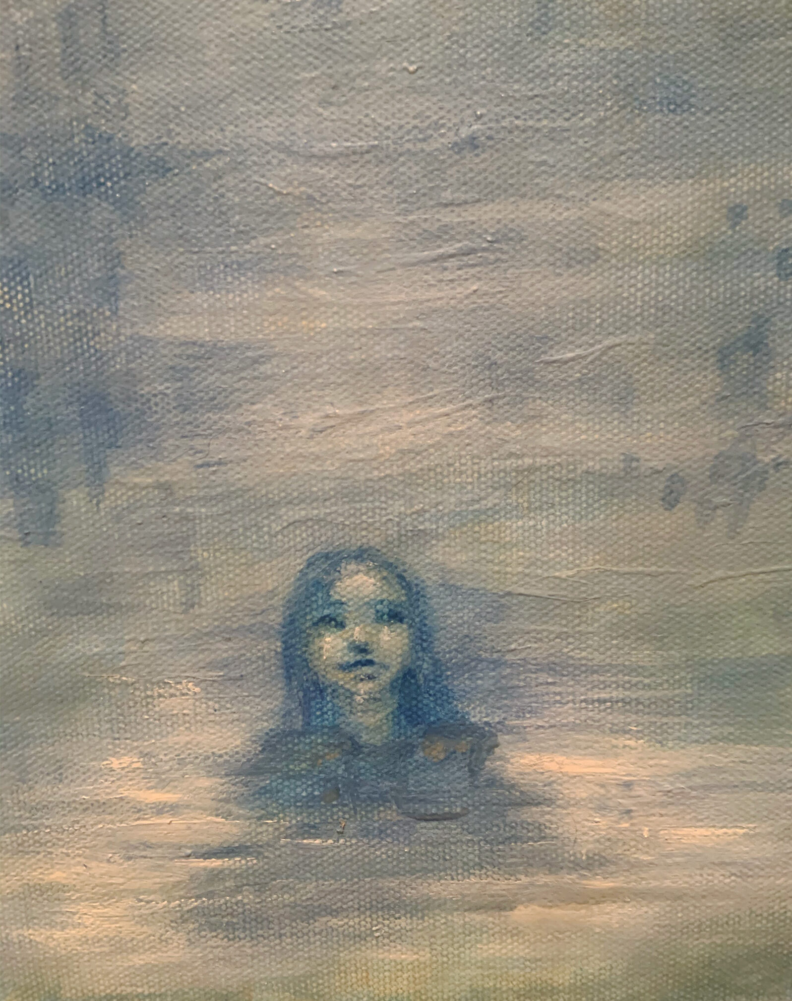 Painting of a girl in the sea done only with blue and white paint.