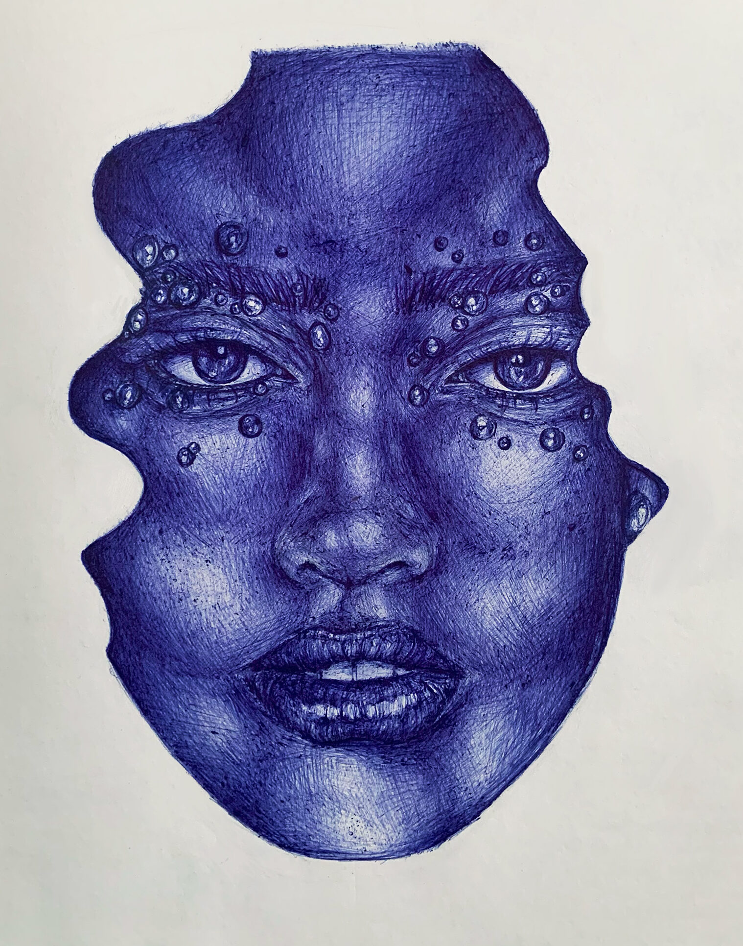 Realistic portrait of a woman's face done in blue pen ink.